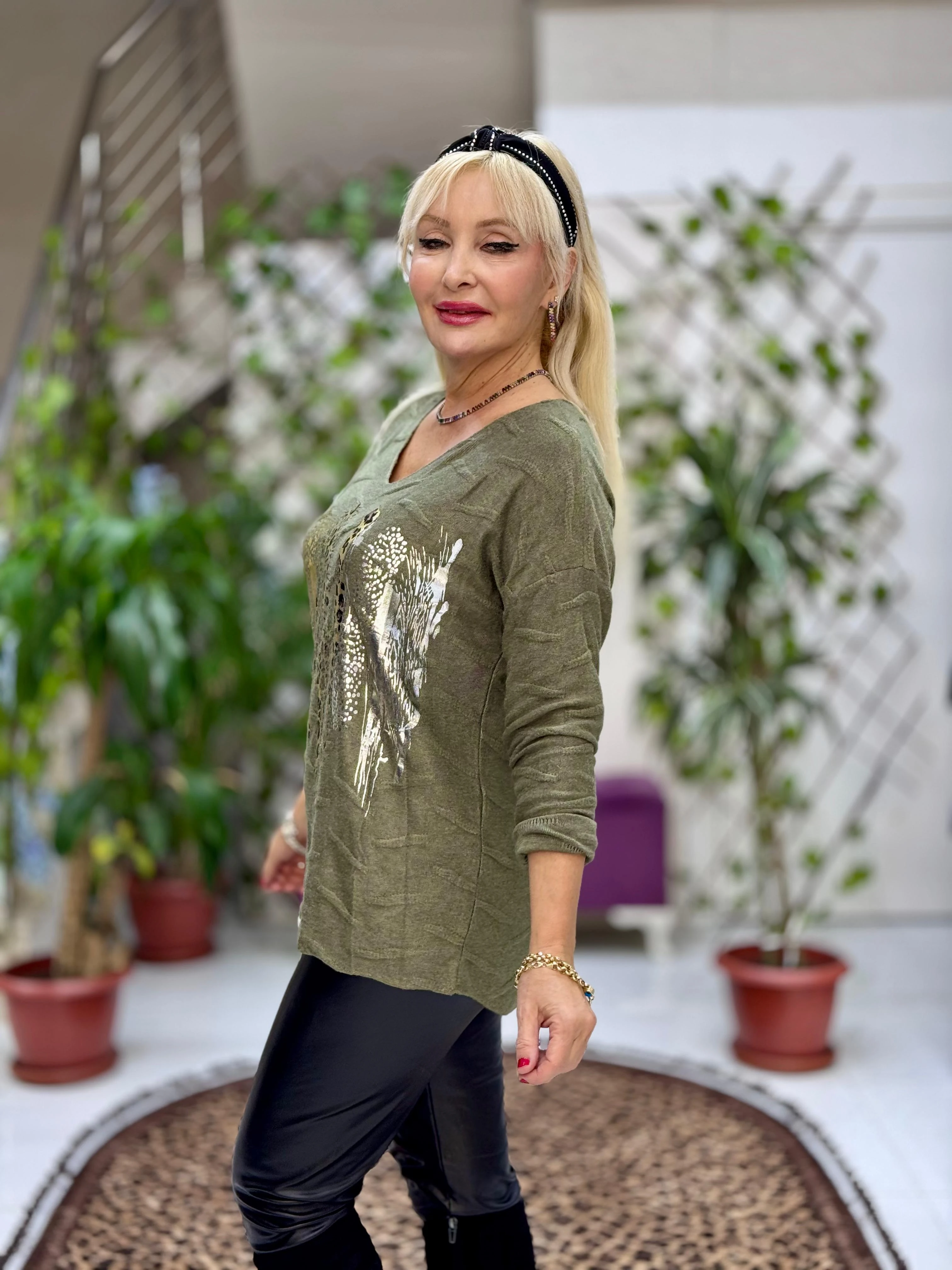 YG11716 Leopar Baskılı Kendinden Desenli İtalyan Triko Bluz Yeşil