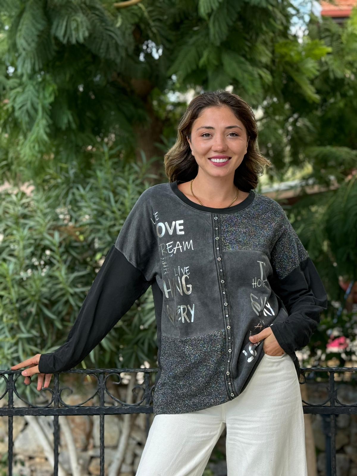 NC53761 İtalyan Yazılı Ve Taşlı Coton Sweatshirt Siyah