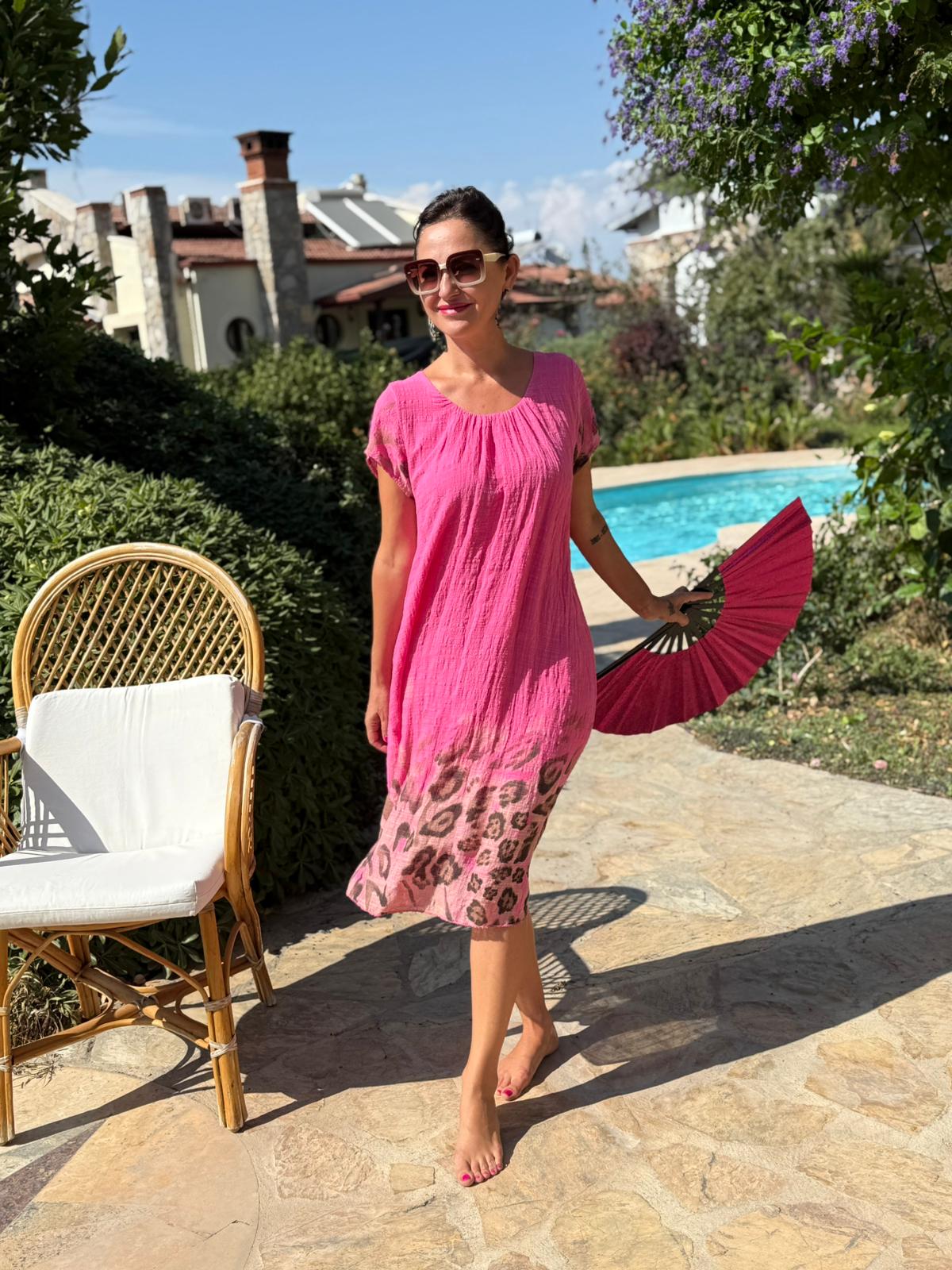 NC50848 İtalyan Pamuk Keten Astarlı Elbise Pembe
