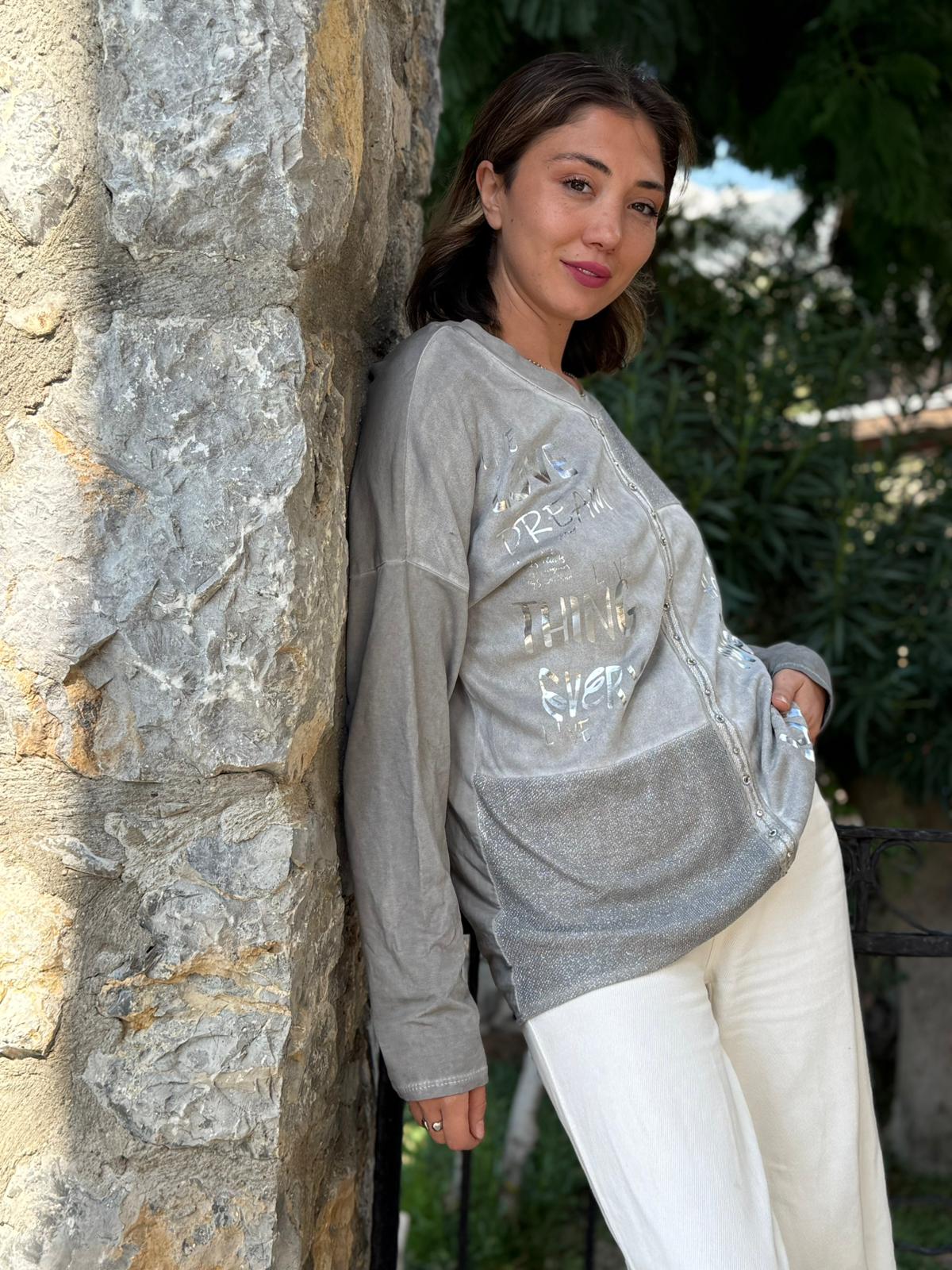 NC53761 İtalyan Yazılı Ve Taşlı Coton Sweatshirt Gri