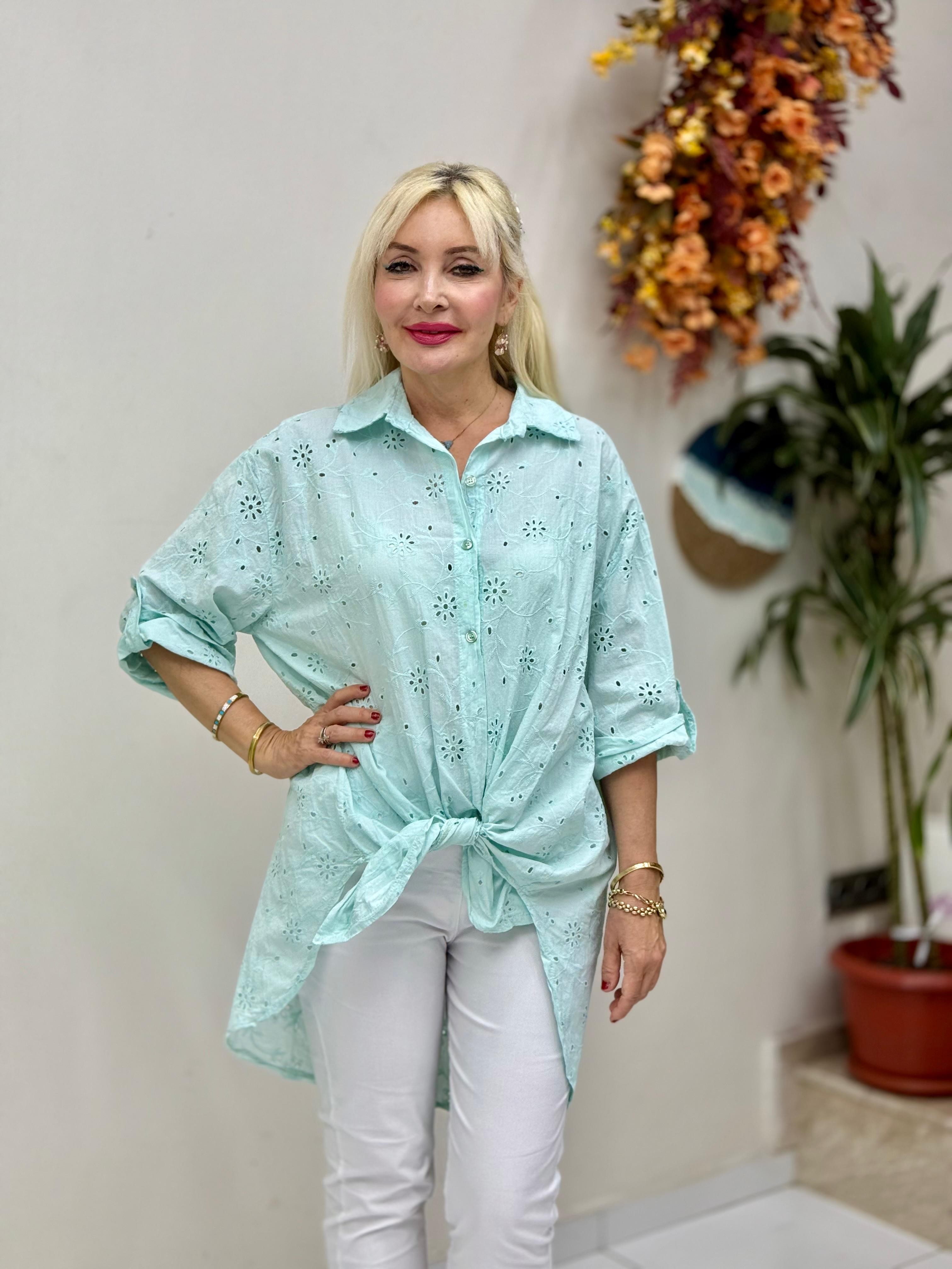 YG1360 İtalyan Brodeli Tunik Gömlek Suyeşili