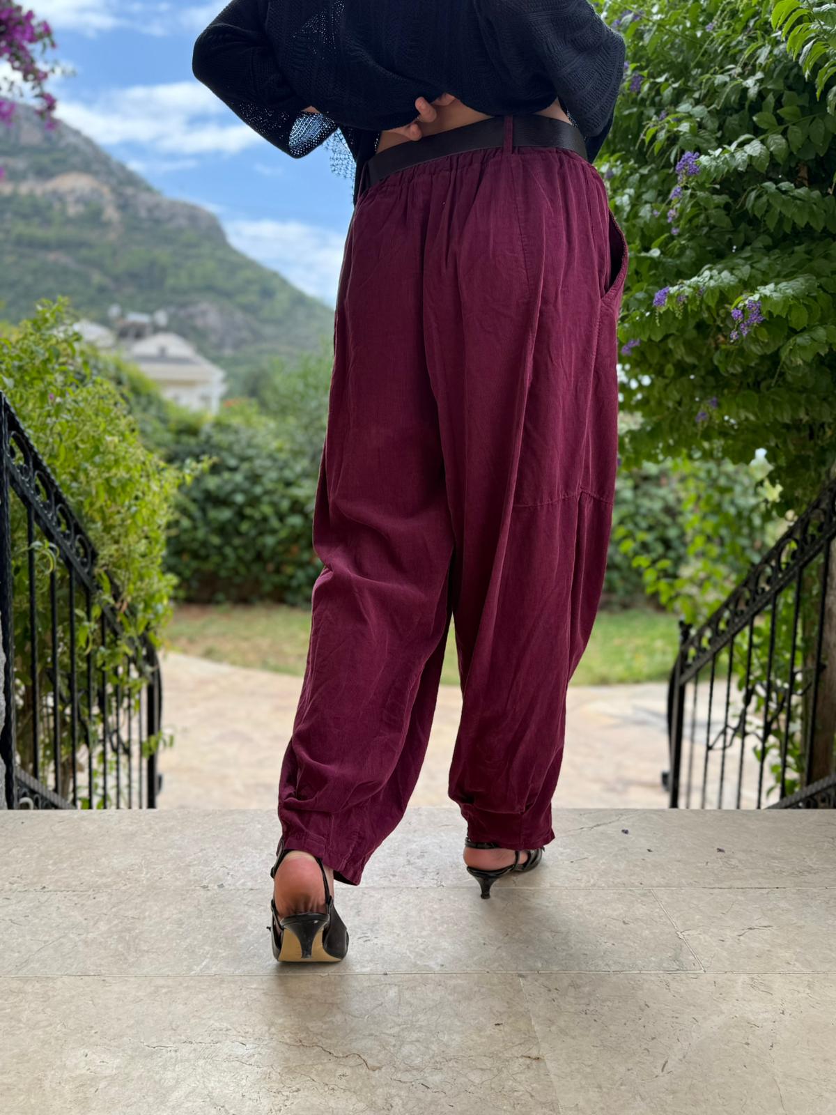 LS2203 İtalyan Kemerli Kadife Pantolon Vişne