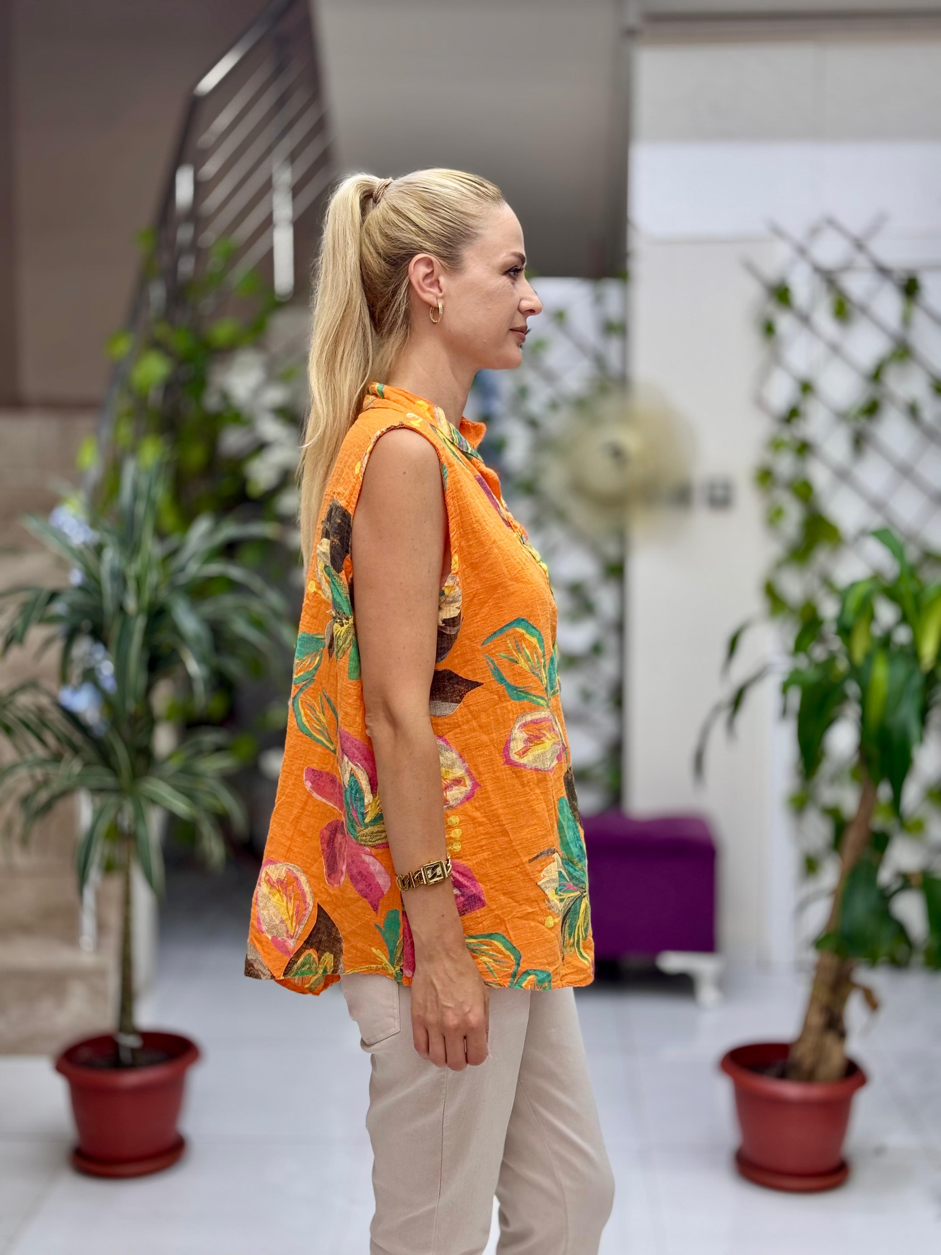 LS8819B Kolsuz Pamukketen Cepli İtalyan Bluz Oranj