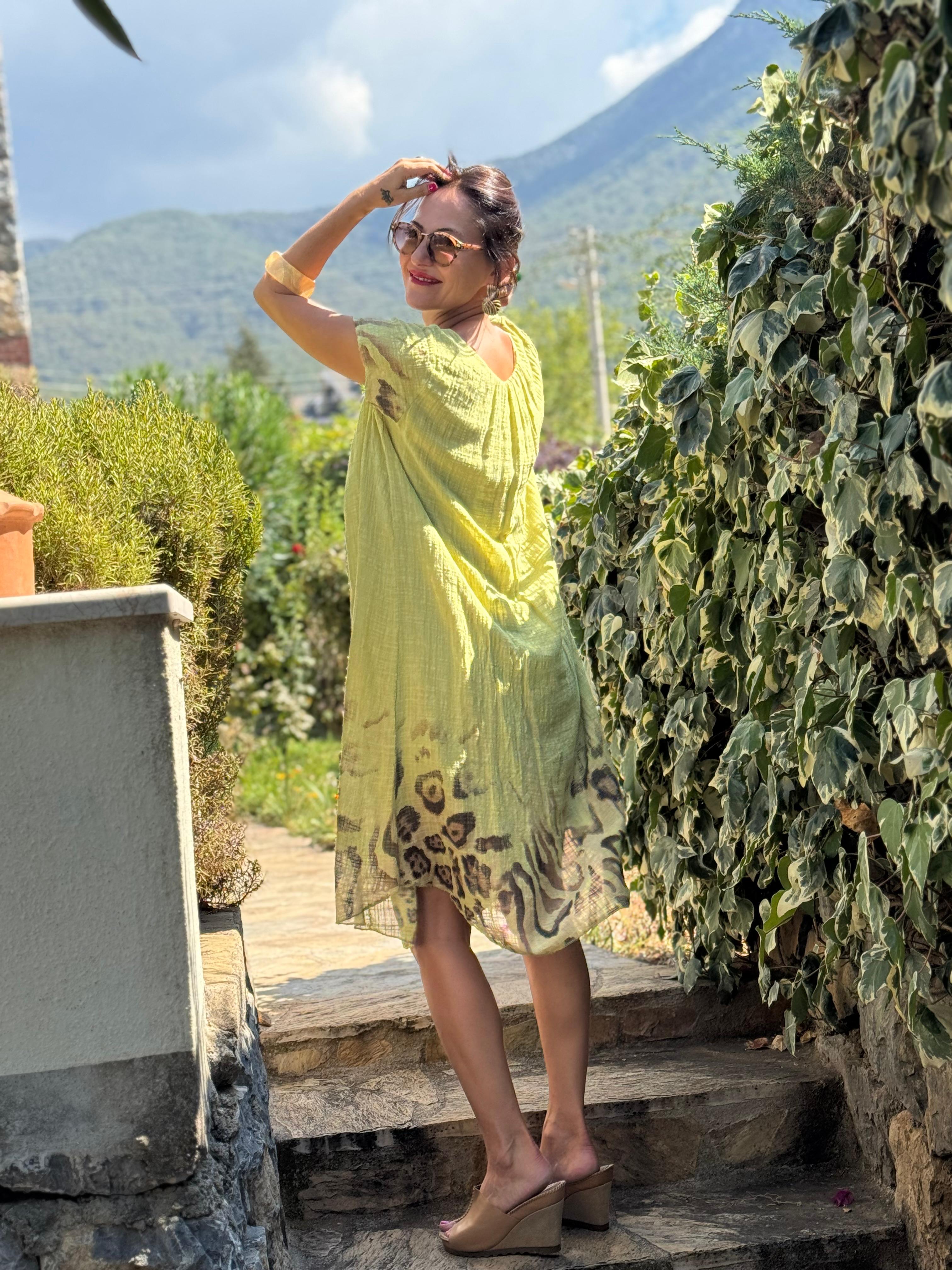NC50848 İtalyan Pamuk Keten Astarlı Elbise Fıstık