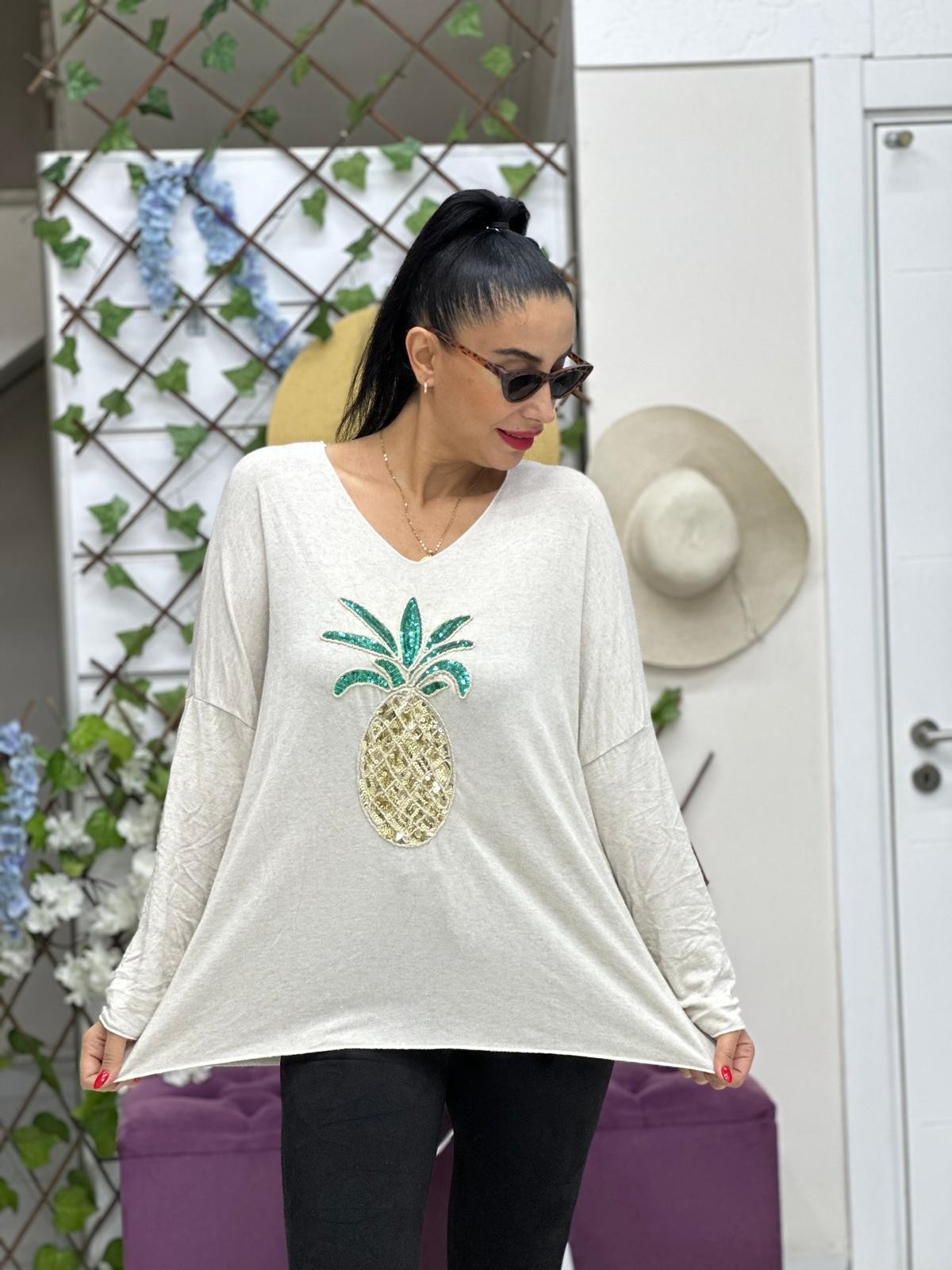 YG41651 İtalyan Ananas Desen Bluz Krem