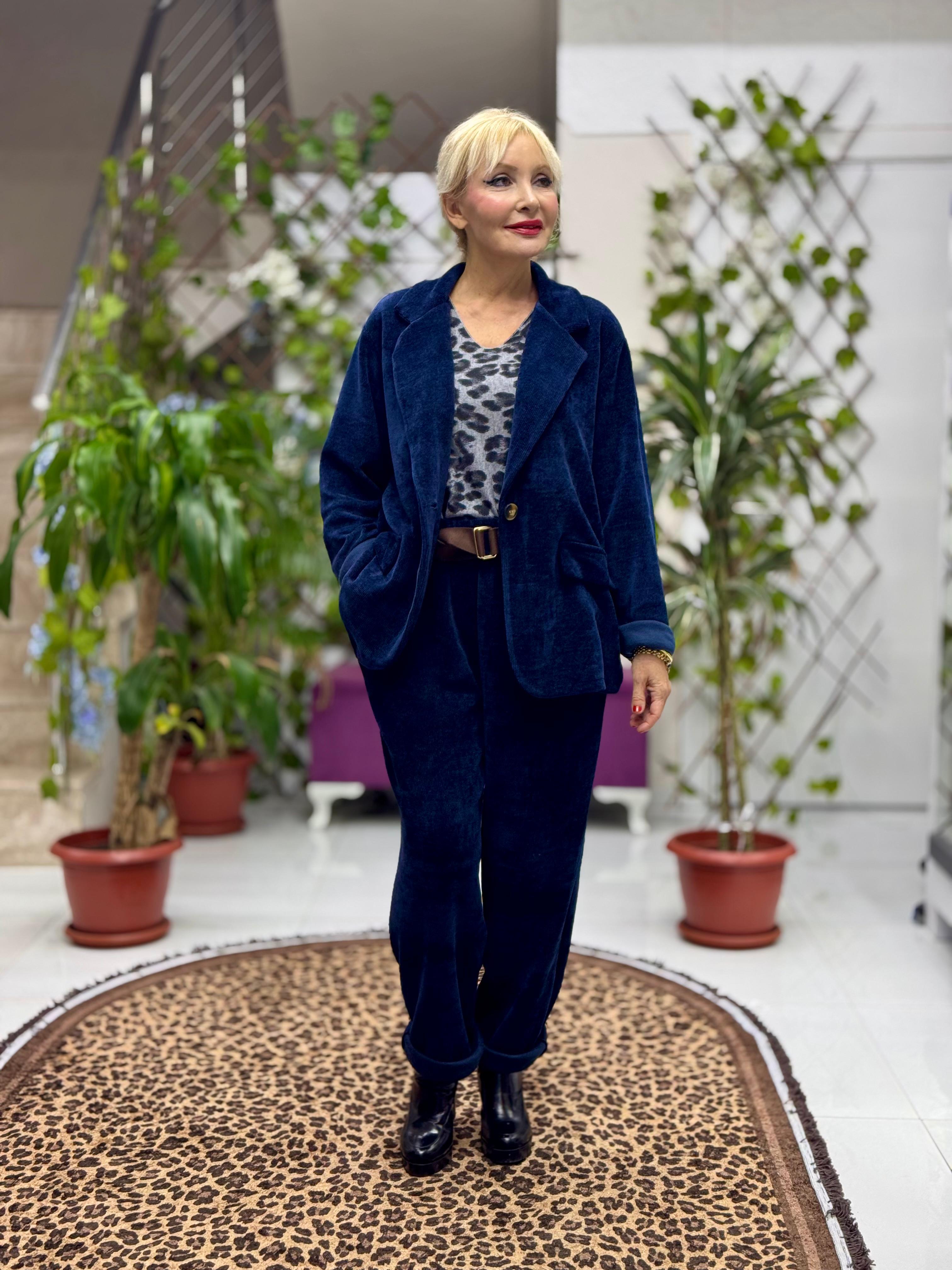 YG683089 Tek Düğme İtalyan Ceket Pantolon Kadife Takım Lacivert