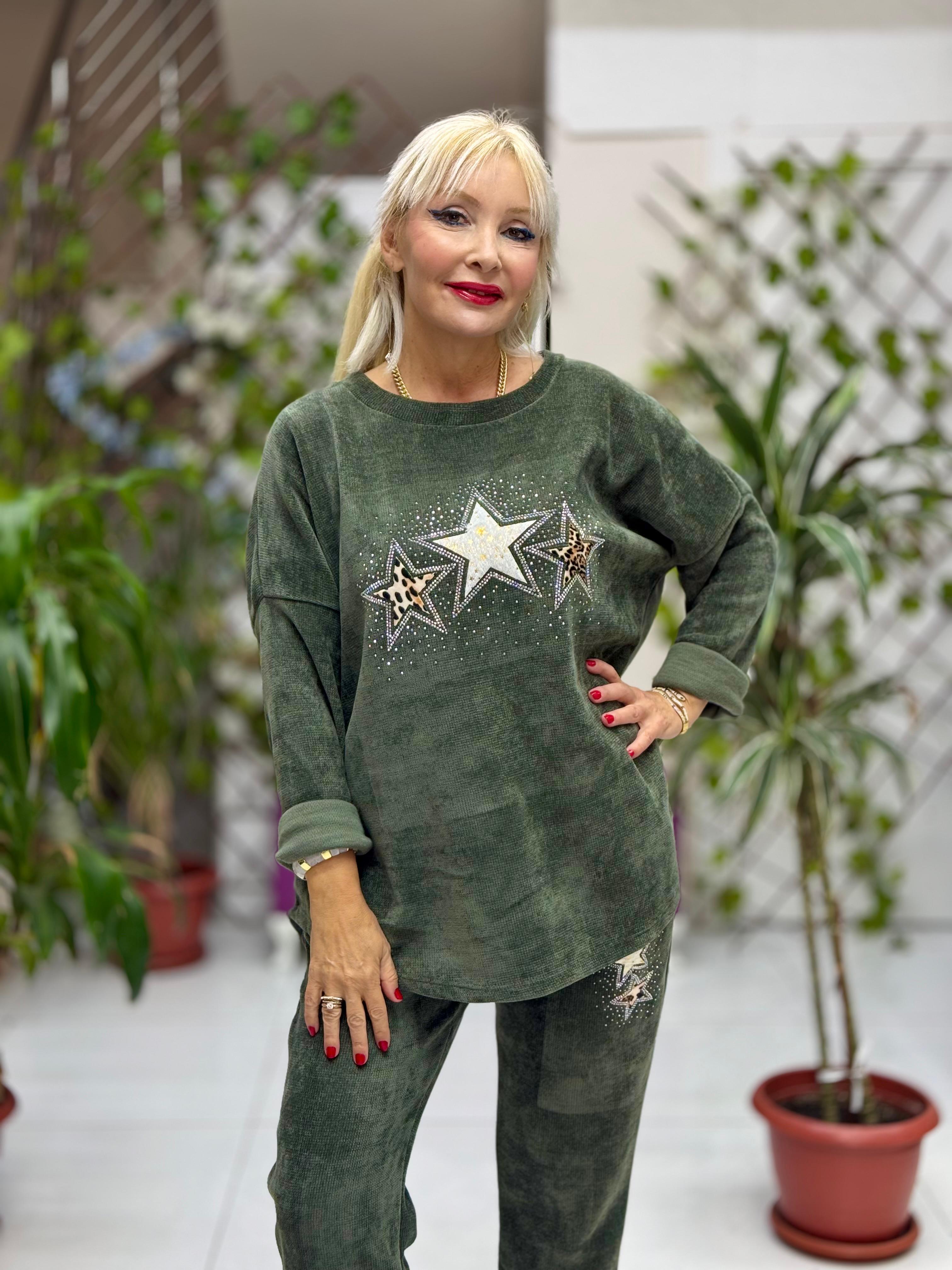 NC23081 Yıldız Desenli Taşlı İtalyan Kadife Takım Yeşil