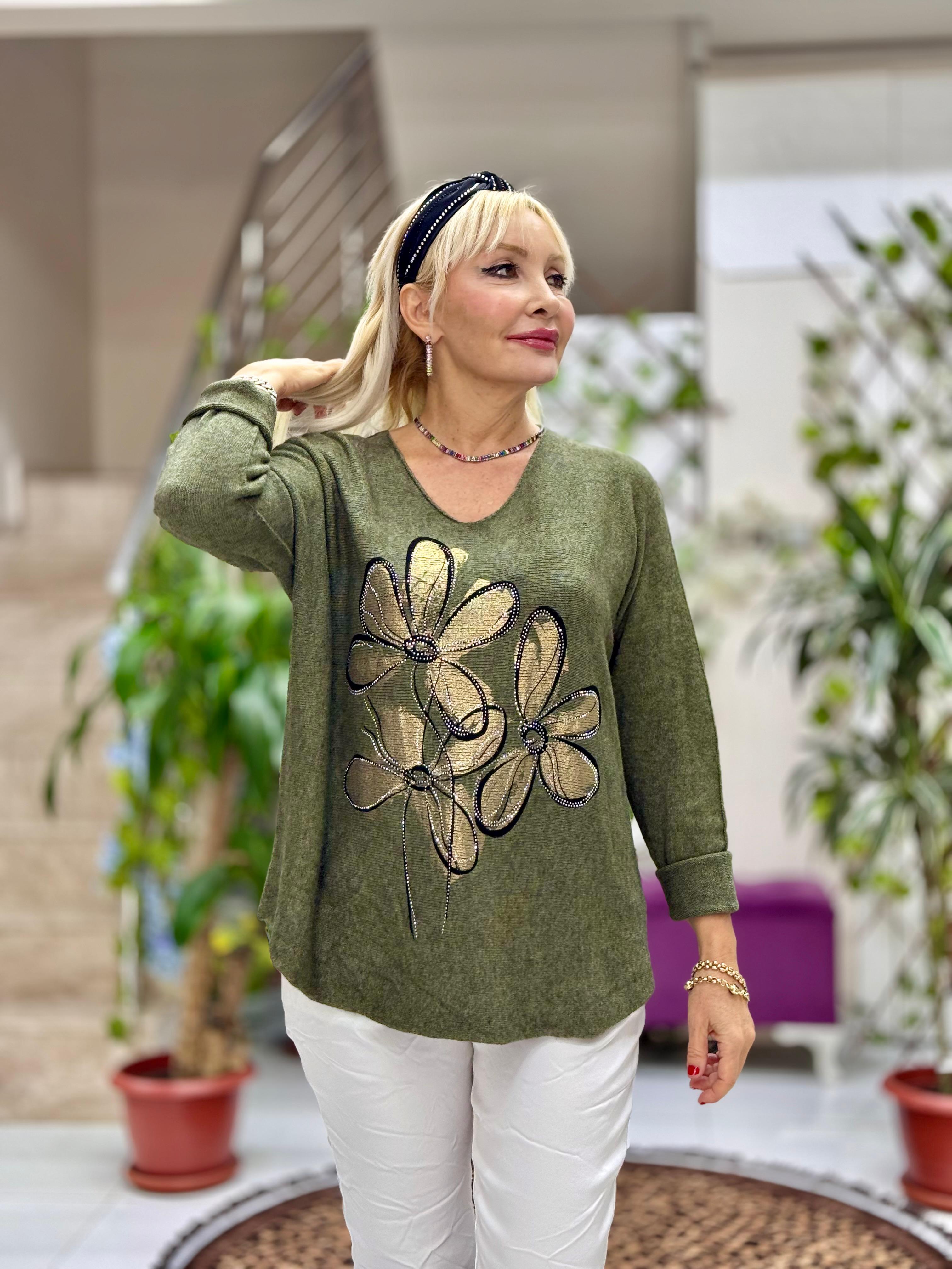 YG8022 Çiçek Desenli Taşlı İtalyan Triko Bluz Yeşil