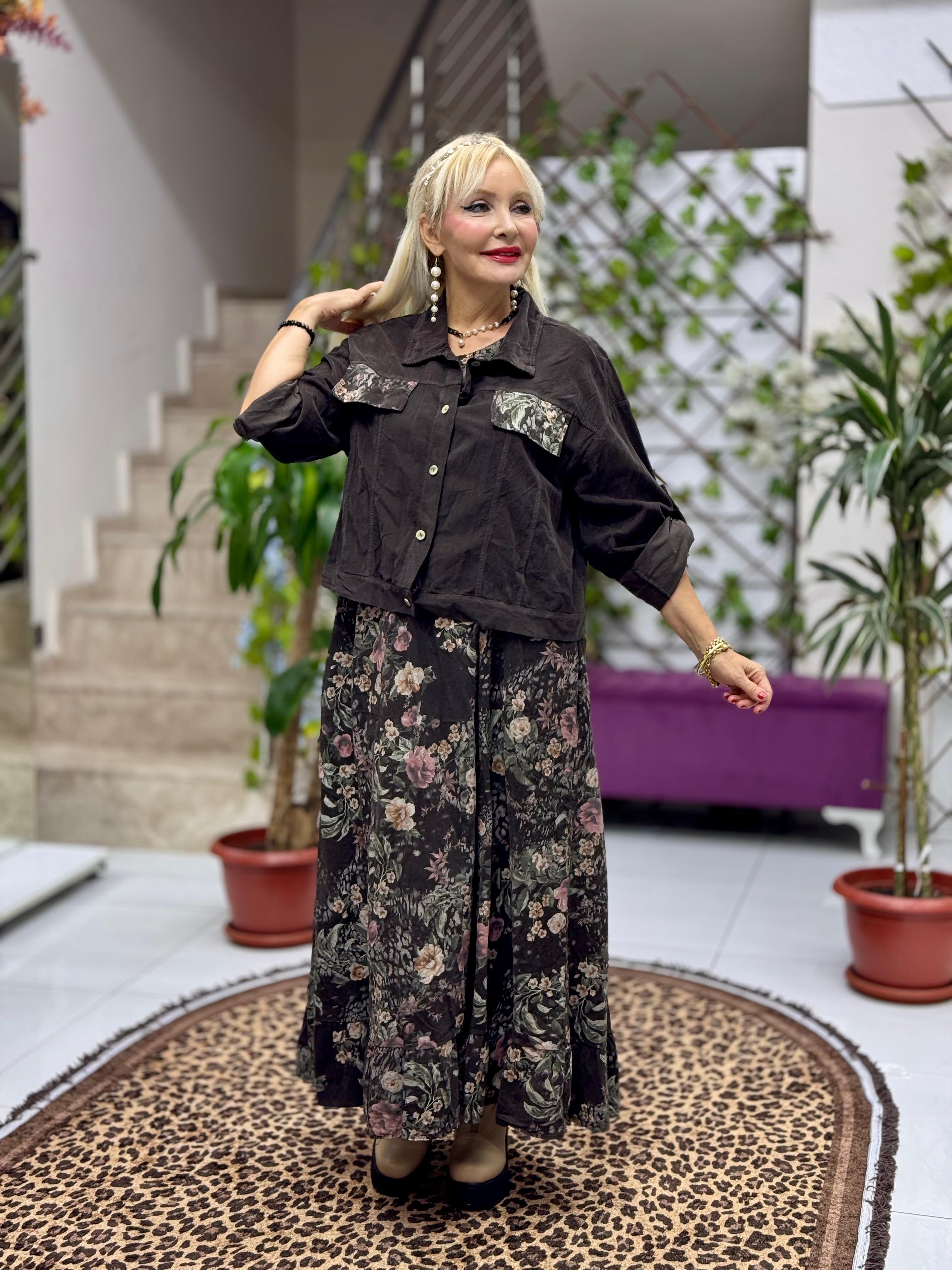 NC25001 İtalyan Kadife Çiçekli Elbise Ceket Takım Koyu Kahverengi