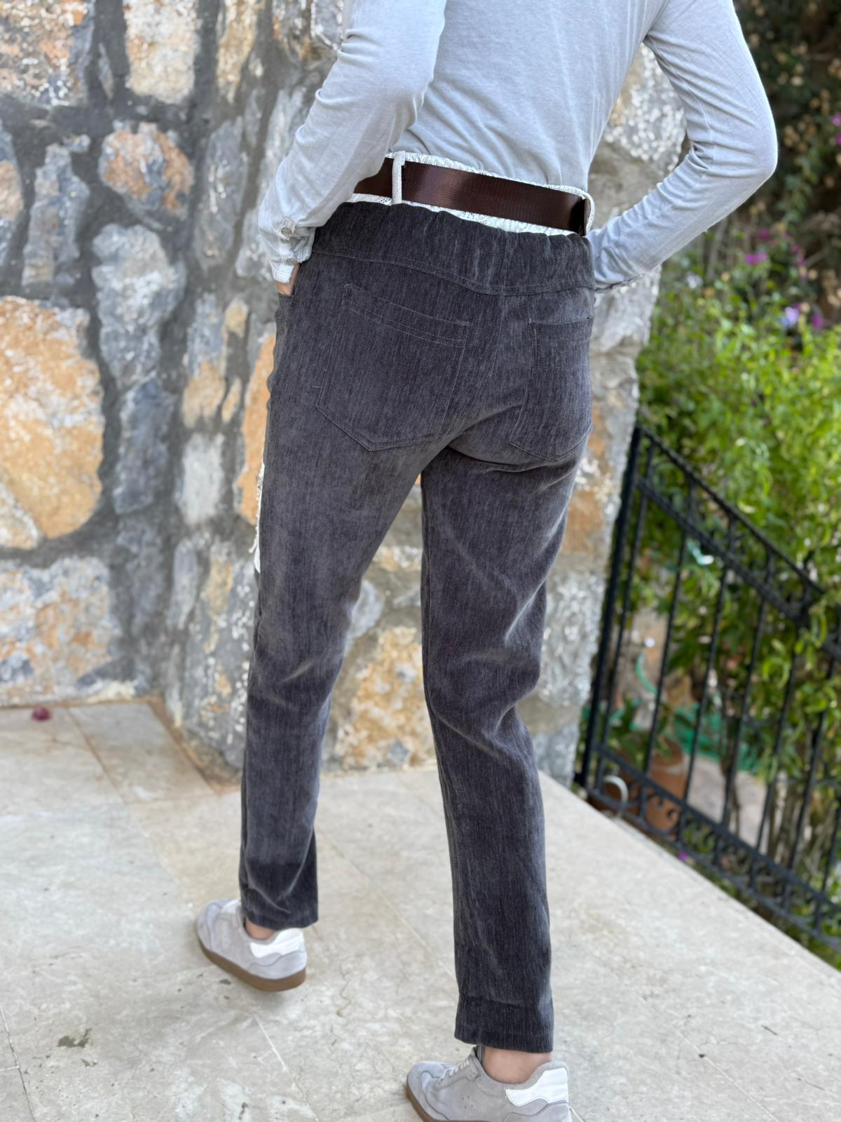 LS12520 İtalyan Yıldız Taşlı Kadife Pantolon Füme