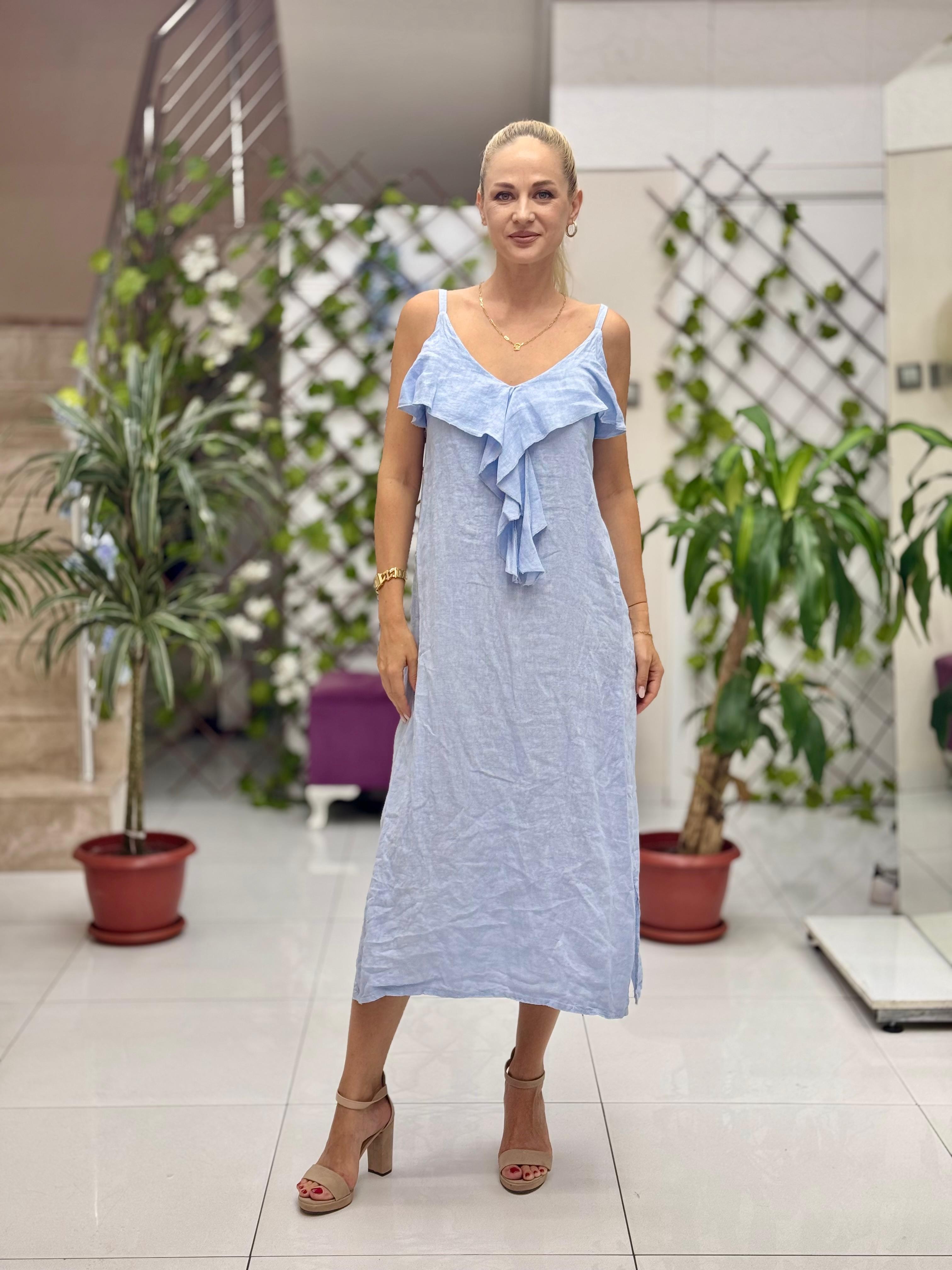NC2132 İp Askılı Keten Önü Fırfırlı İtalyan Elbise Bebe Mavi
