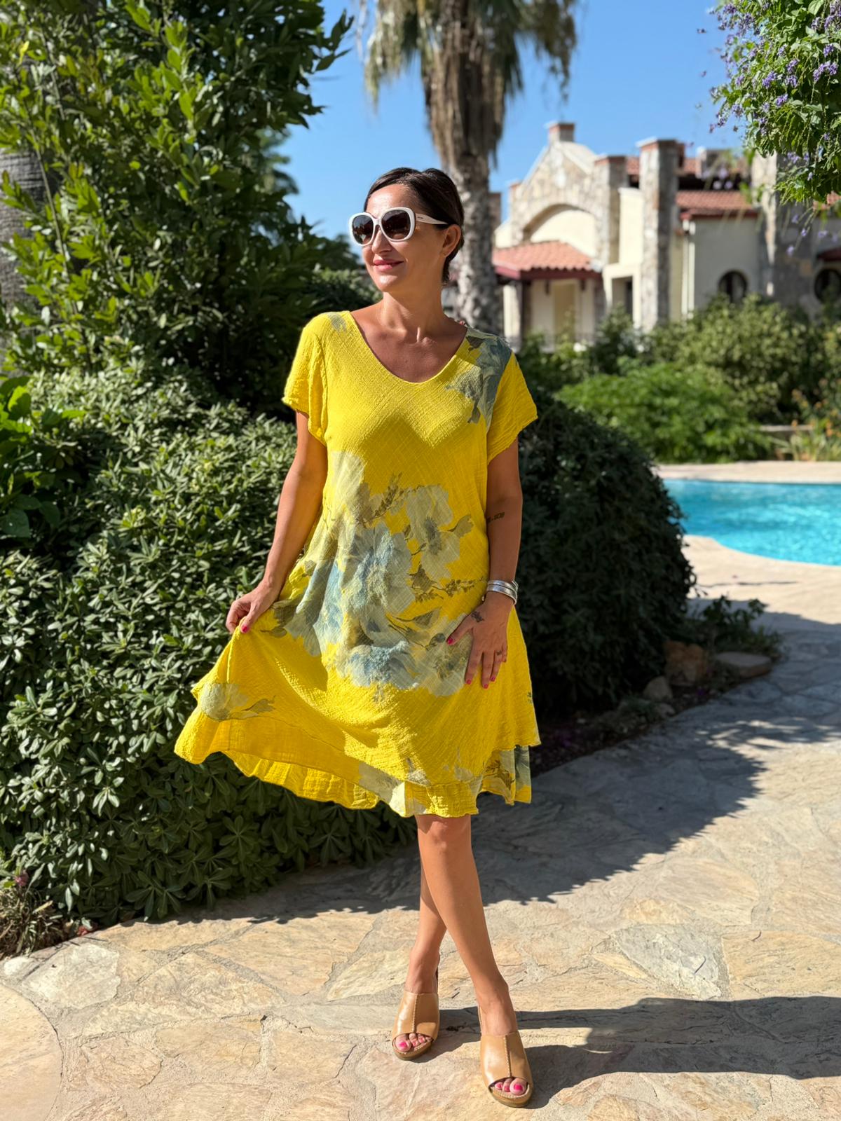 NC50121 İtalyan Kısa Kol Pamuk Keten Elbise Sarı