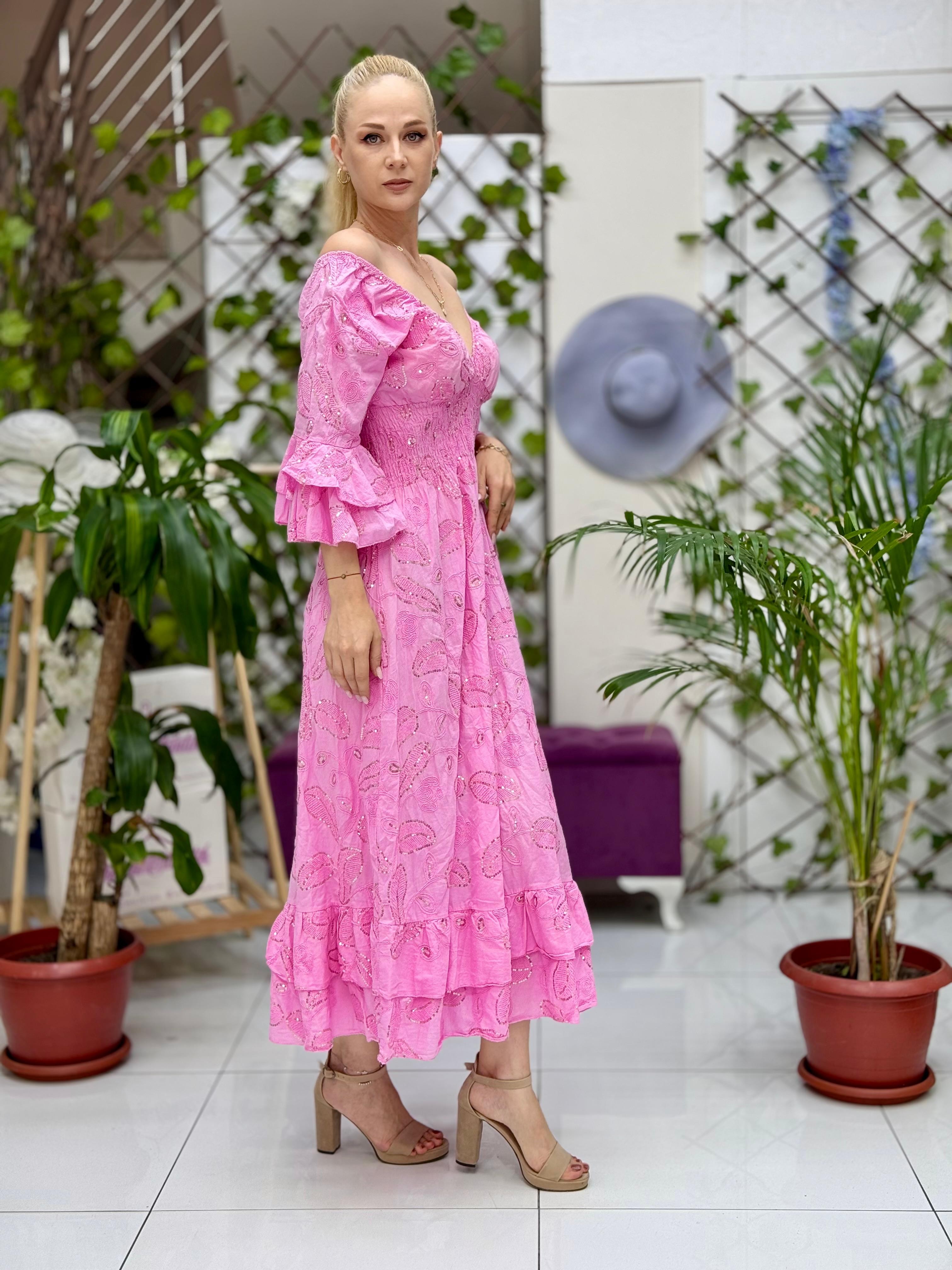 NC10995 İtalyan Pul Payetli Beli Lastikli Coton Elbise Pembe