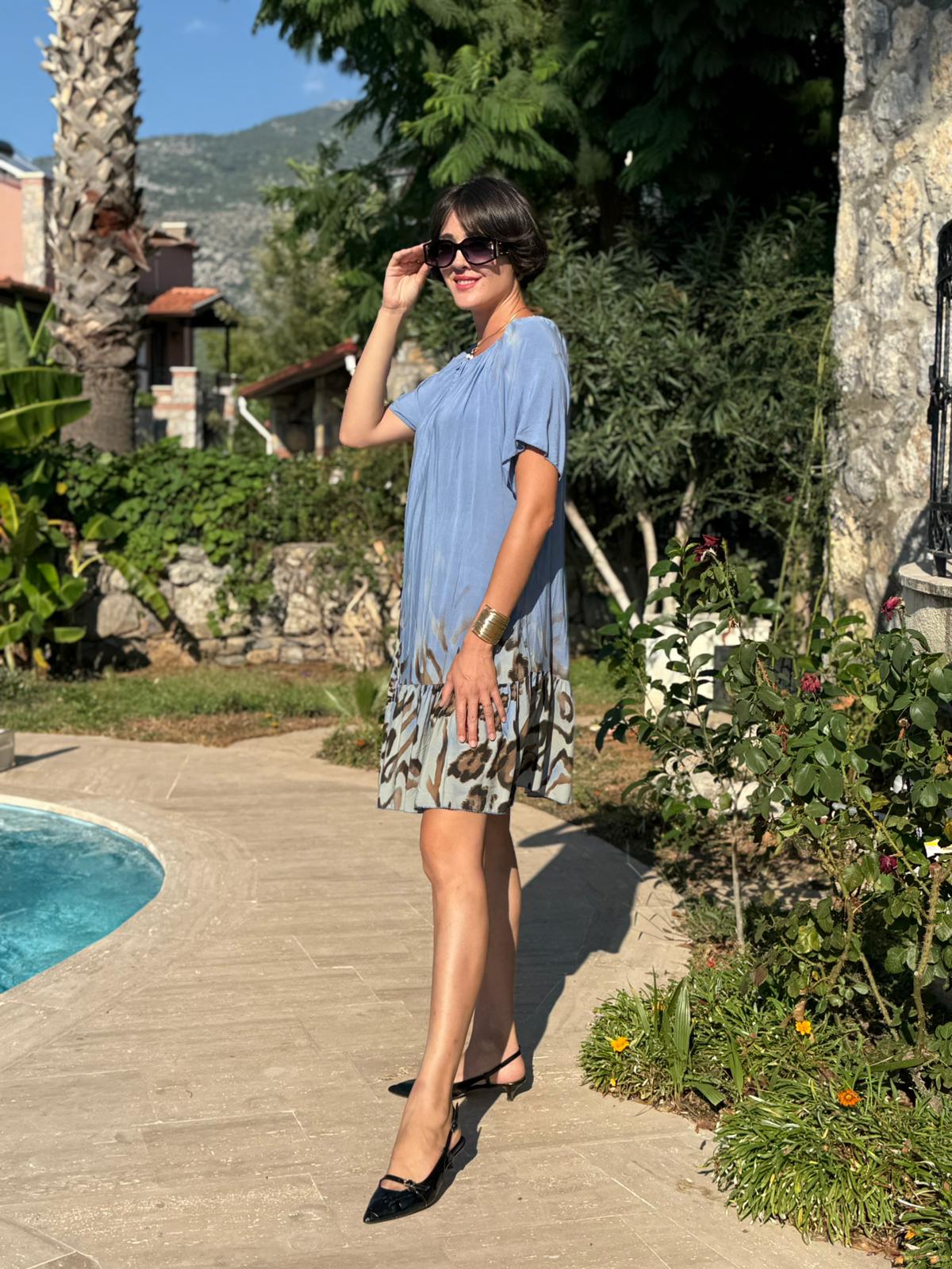 NC10526 İtalyan Yaka Lastikli Leoparlı Coton Elbise Mavi