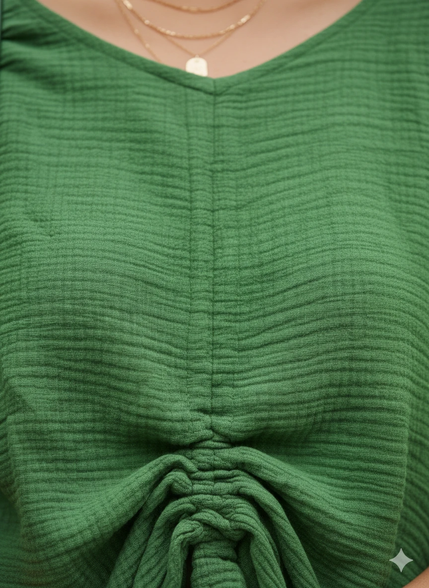 AY23766 Önü Büzgülü Pantolonu Yırtmaçlı Müslin Takım Zümrüt