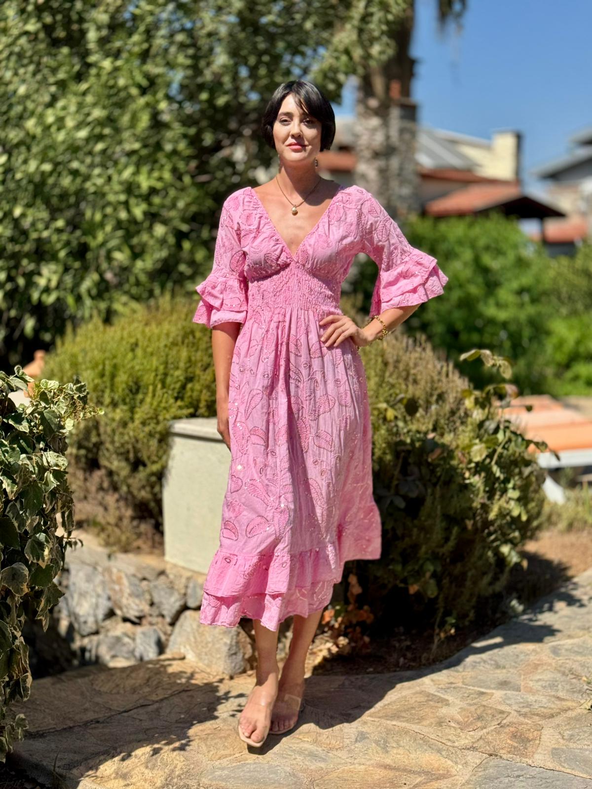 NC10995 İtalyan Pul Payetli Beli Lastikli Coton Elbise Pembe