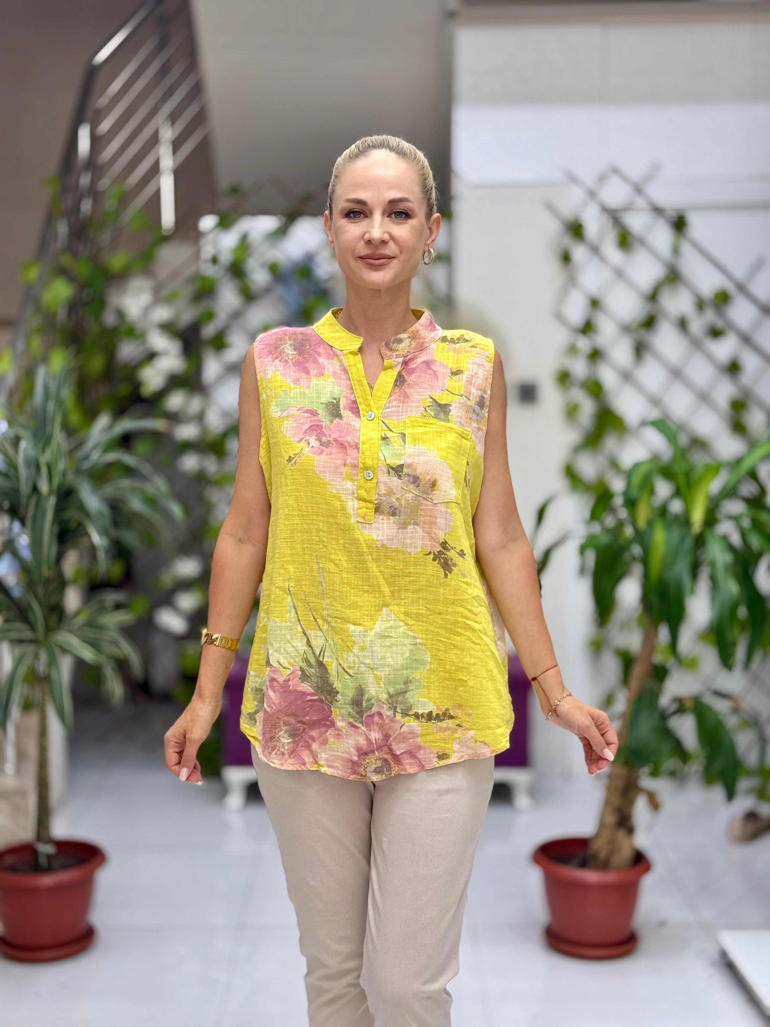 LS8819A Kolsuz Pamukketen Cepli İtalyan Bluz Sarı