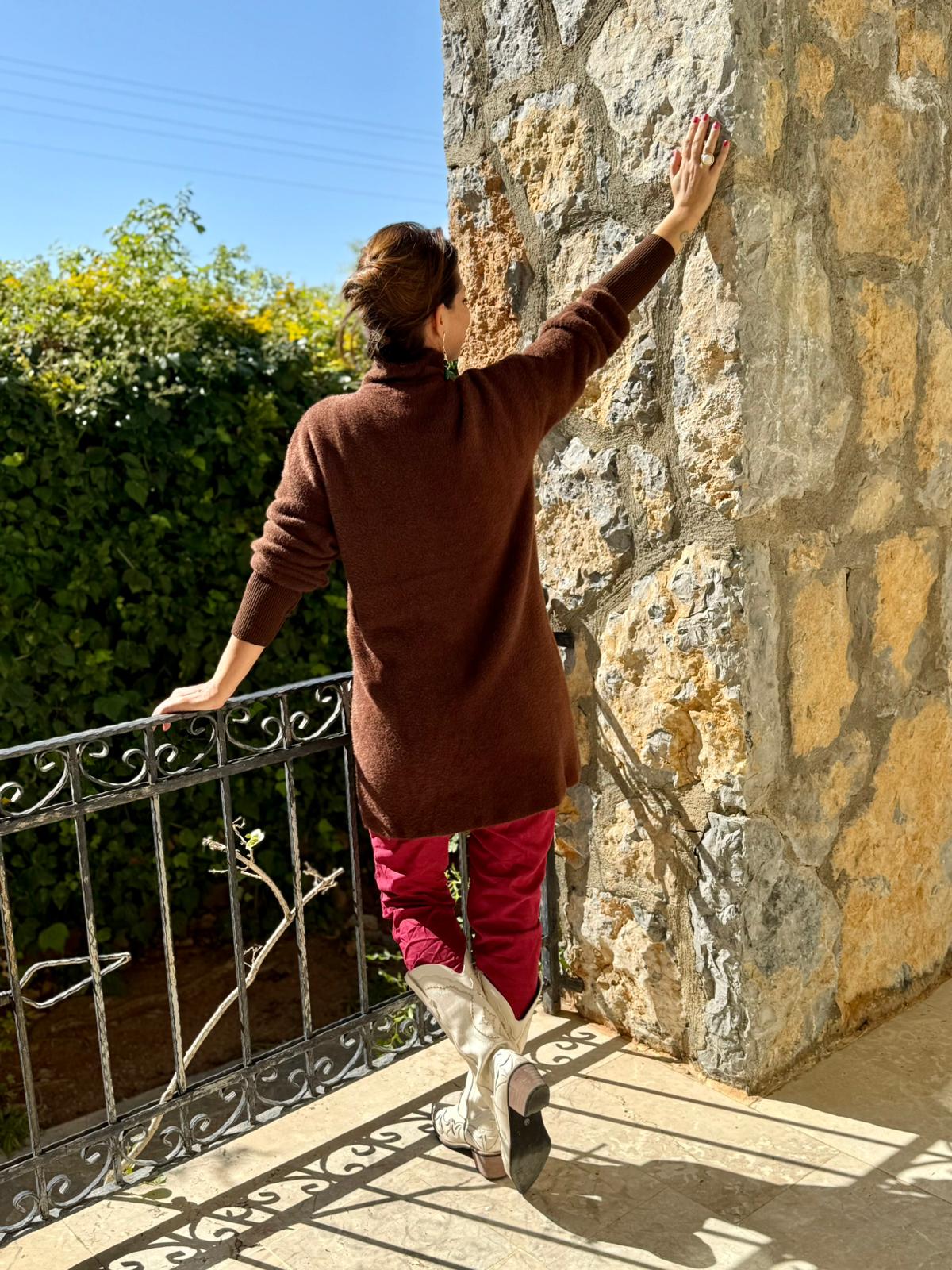 NC4079 Boydan Düğmeli Yün Kısa Hırka Kahverengi