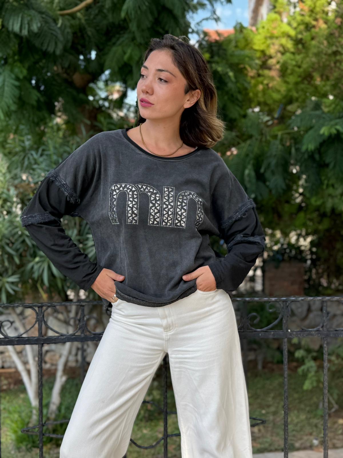 NC53659C İtalyan MIN Taşlı Coton Sweatshirt Siyah