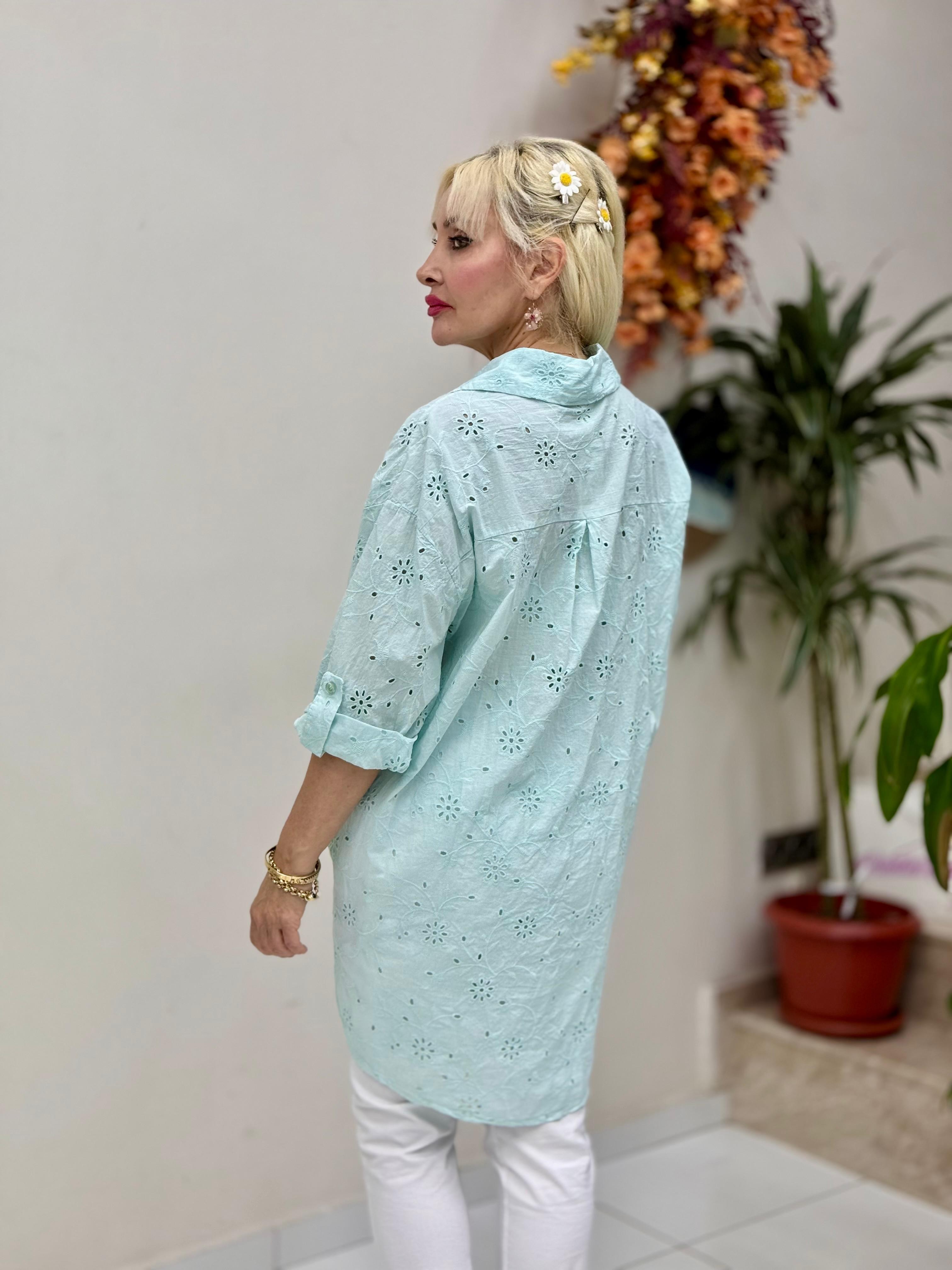 YG1360 İtalyan Brodeli Tunik Gömlek Suyeşili