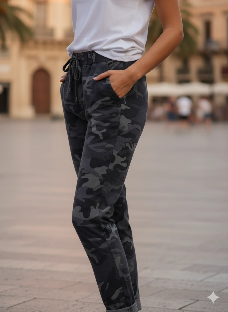 LS7312 Kamuflaj Desenli Likralı İtalyan Coton Pantolon Füme
