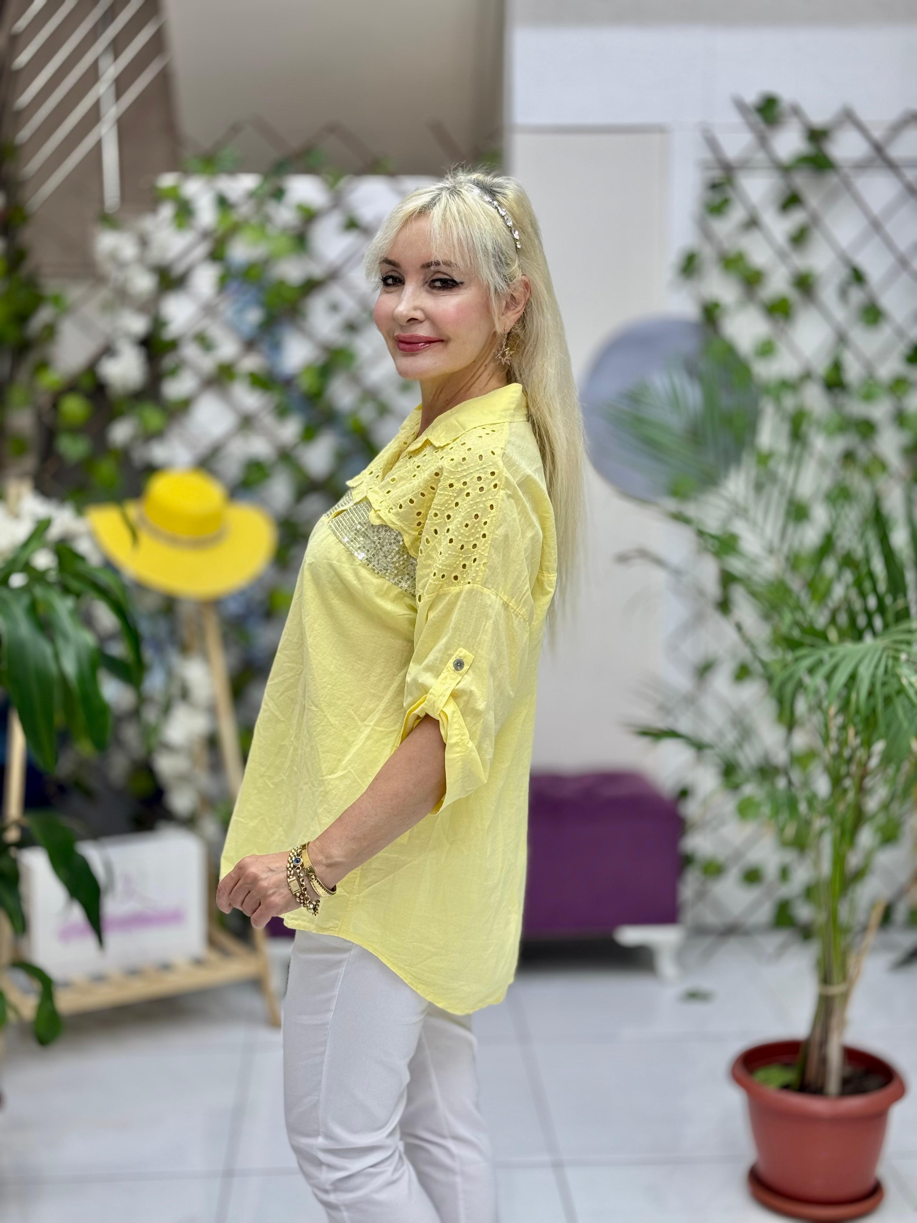 NC25537 İtalyan Fisto Göğüs Pul Payet Coton Gömlek Sarı