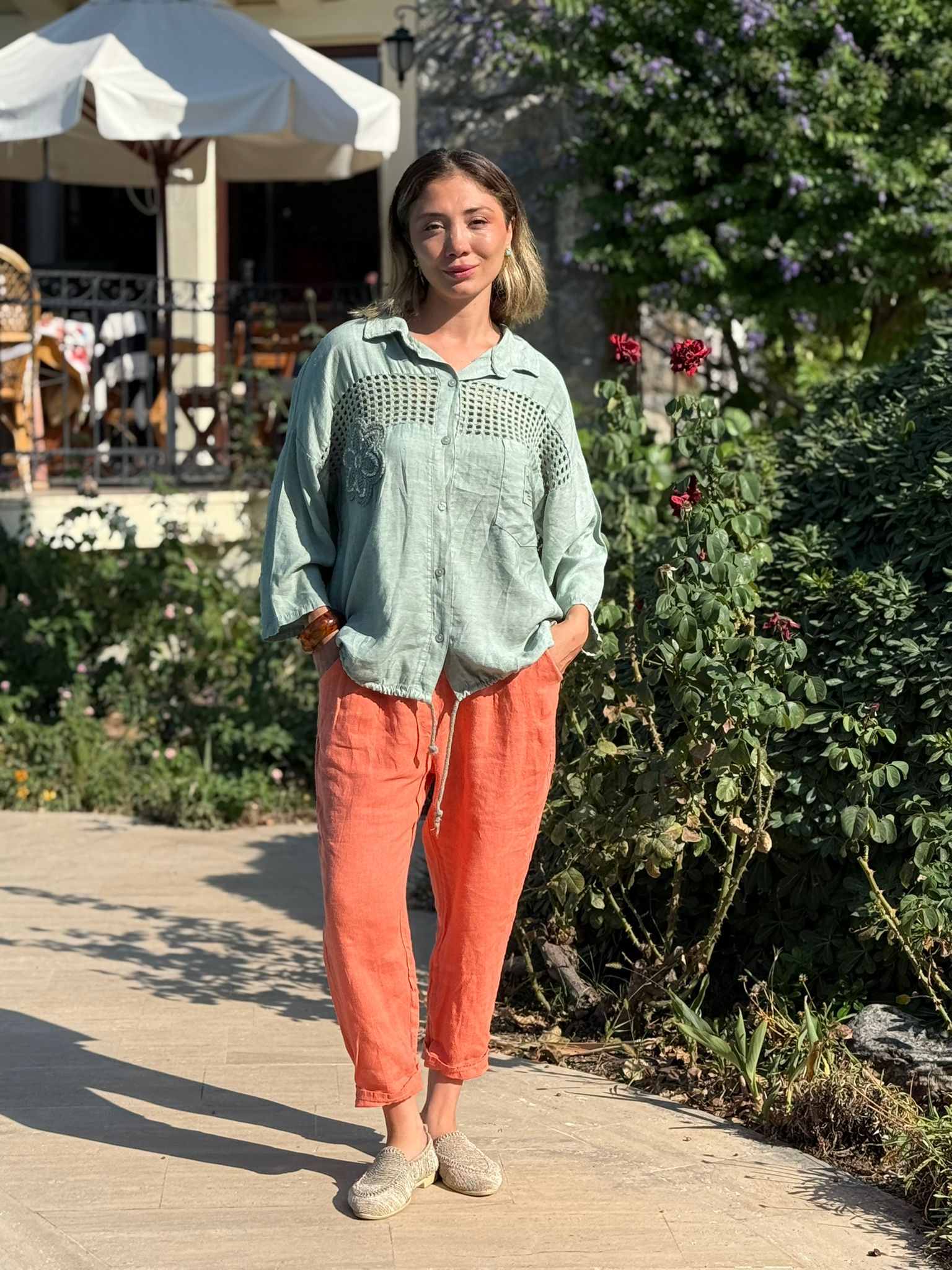 N23003 Blusa Lino Algodón Italiano Visón