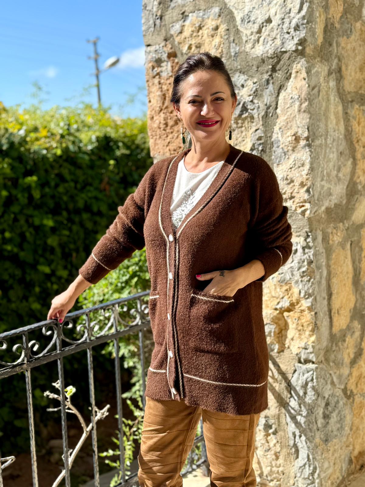 NC1067 Düğmeli İşlemeli Yün Hırka Kahverengi