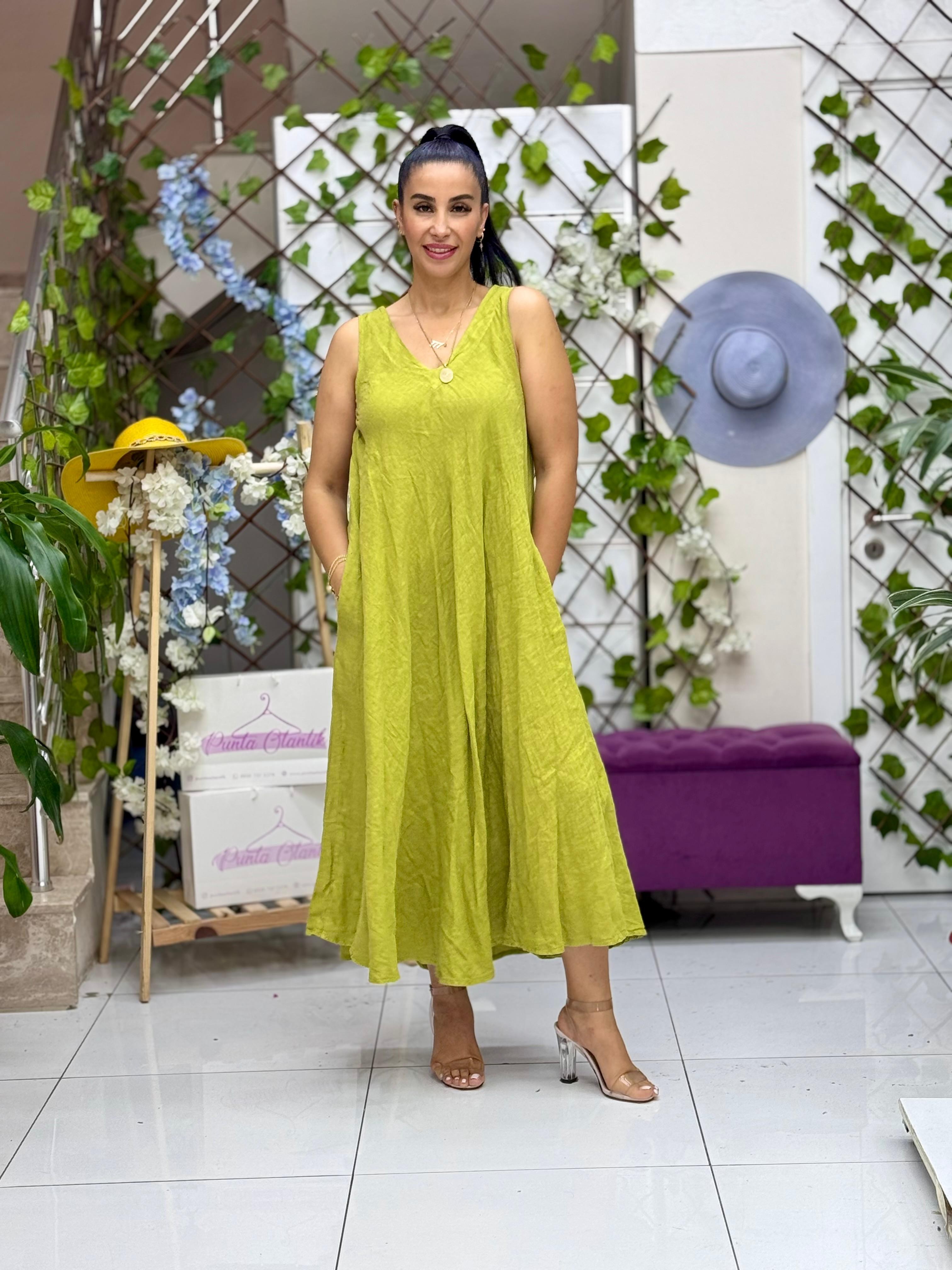 NC14916 İtalyan Kolsuz Keten Elbise Limon