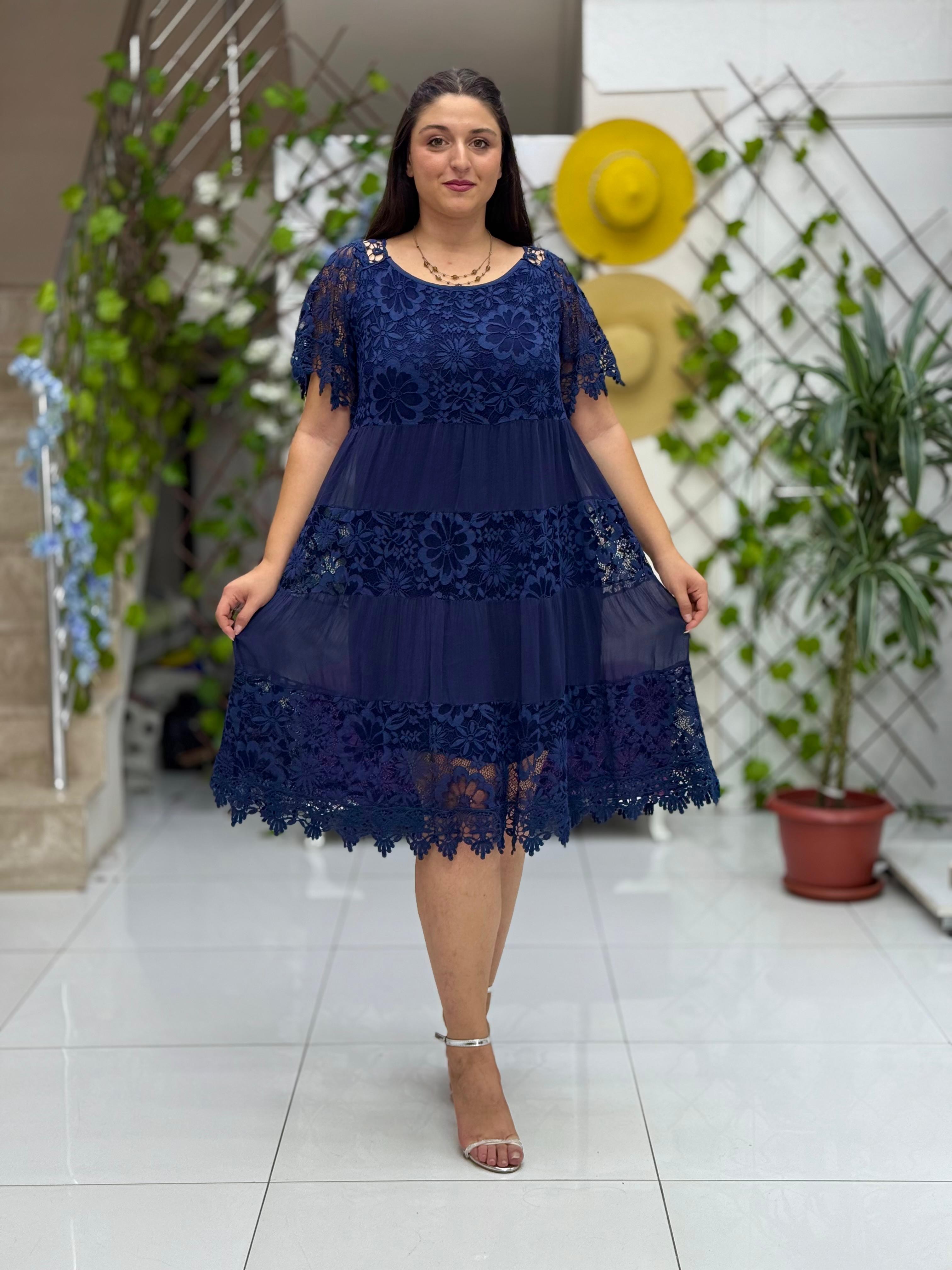 N10337 İtalyan İpek Elbise Lacivert