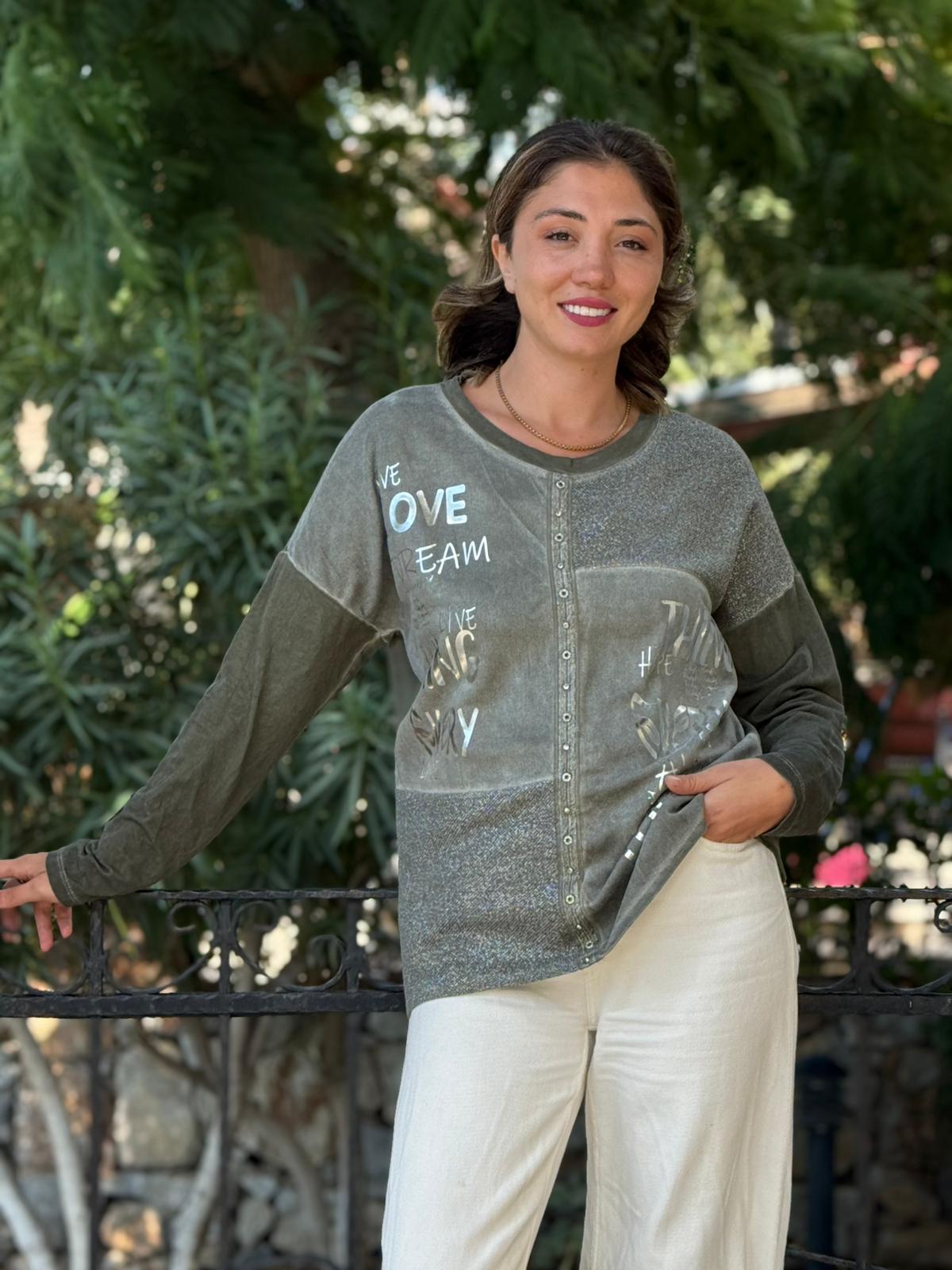 NC53761 İtalyan Yazılı Ve Taşlı Coton Sweatshirt Haki