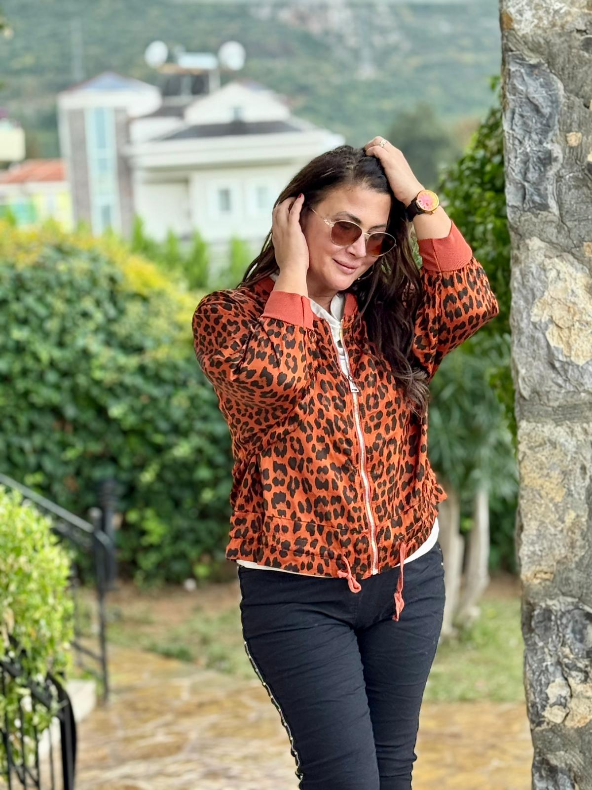 YG837903 İtalyan Leoparlı Saten İpek Ceket Oranj