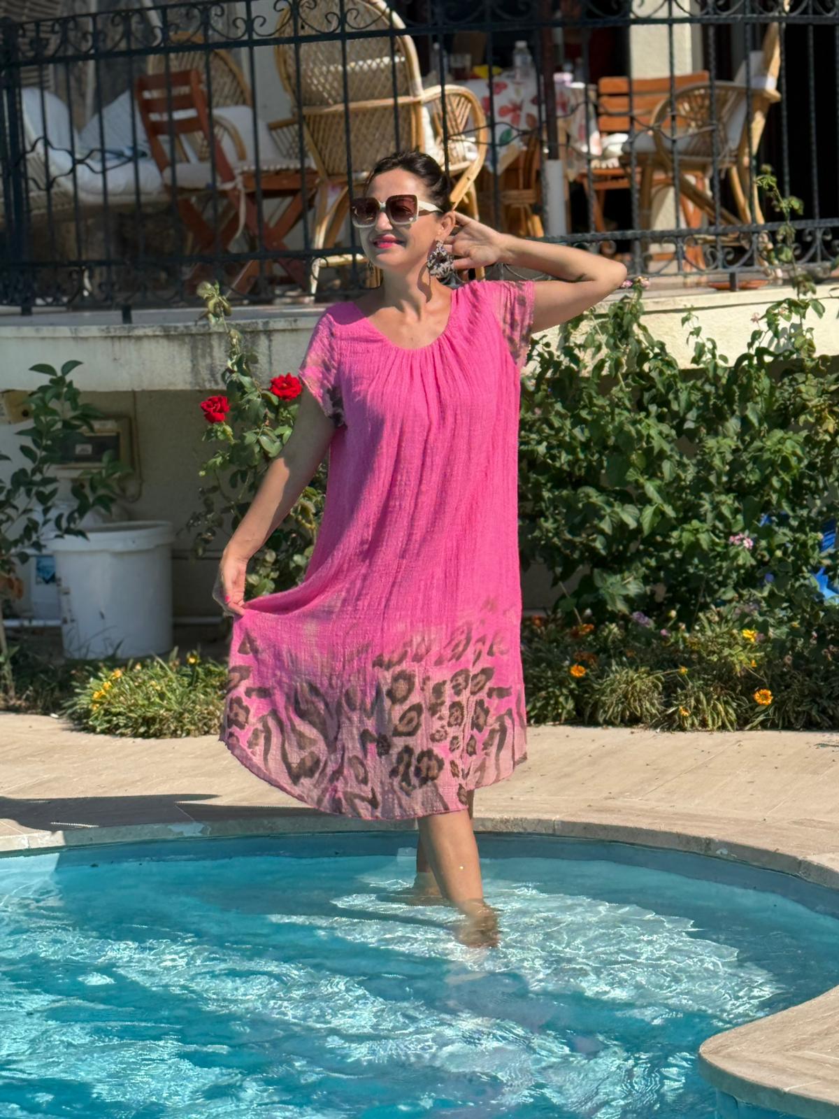 NC50848 İtalyan Pamuk Keten Astarlı Elbise Pembe