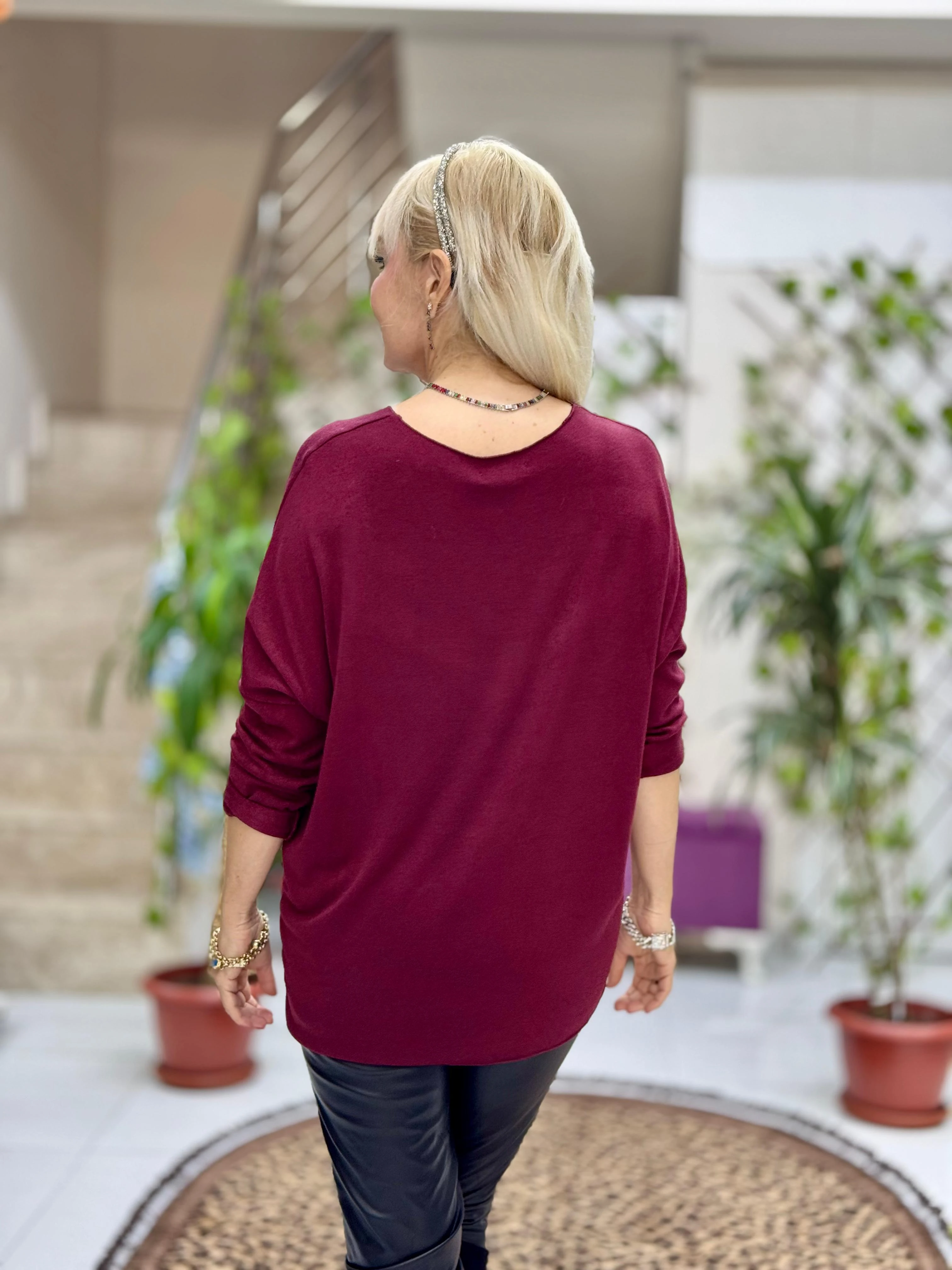 YG59100 İtalyan Taşlı ve Kelebek Baskılı Triko Bluz Bordo