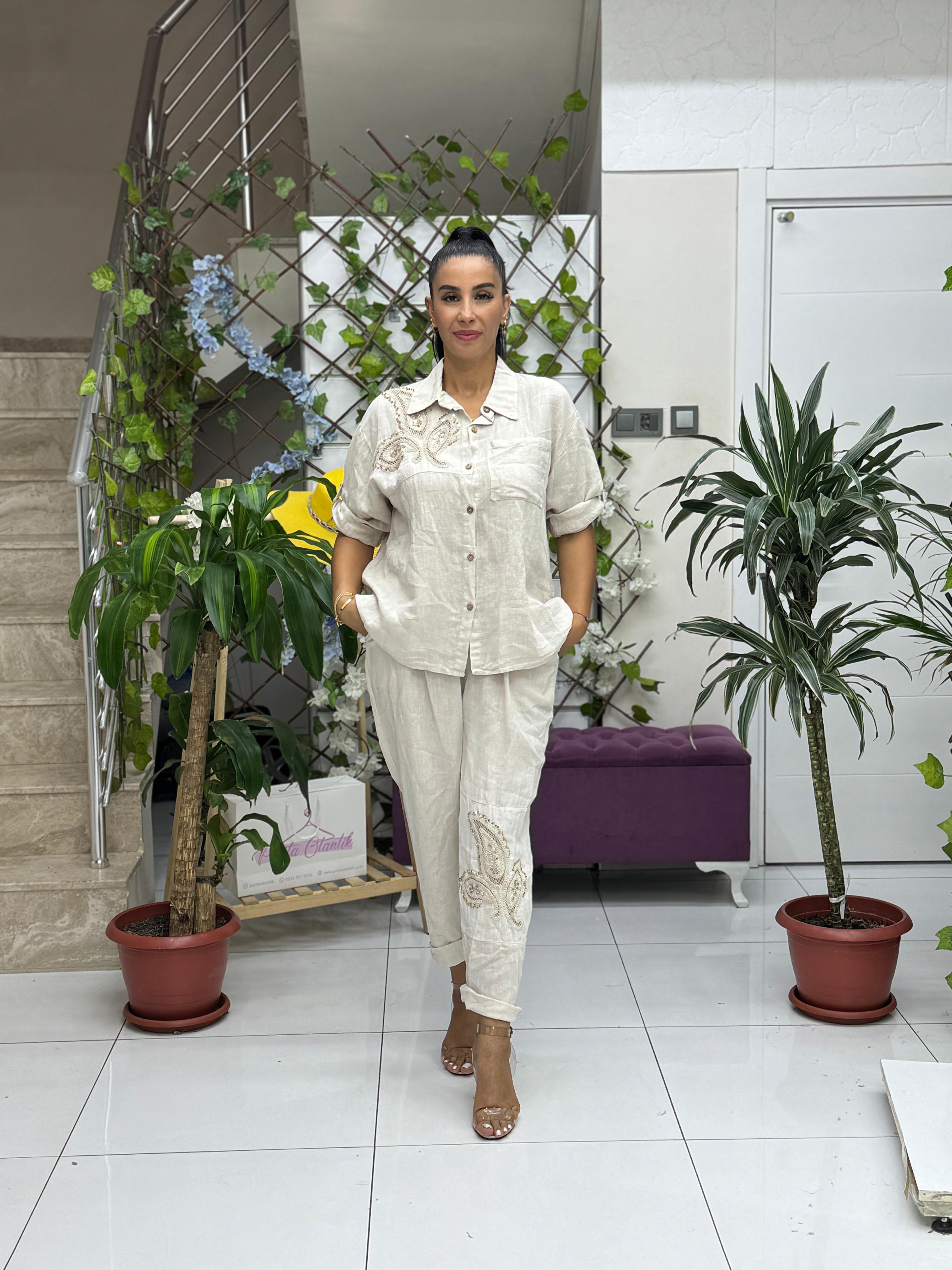 NC303334 Pul Payetli Keten Takım Krem