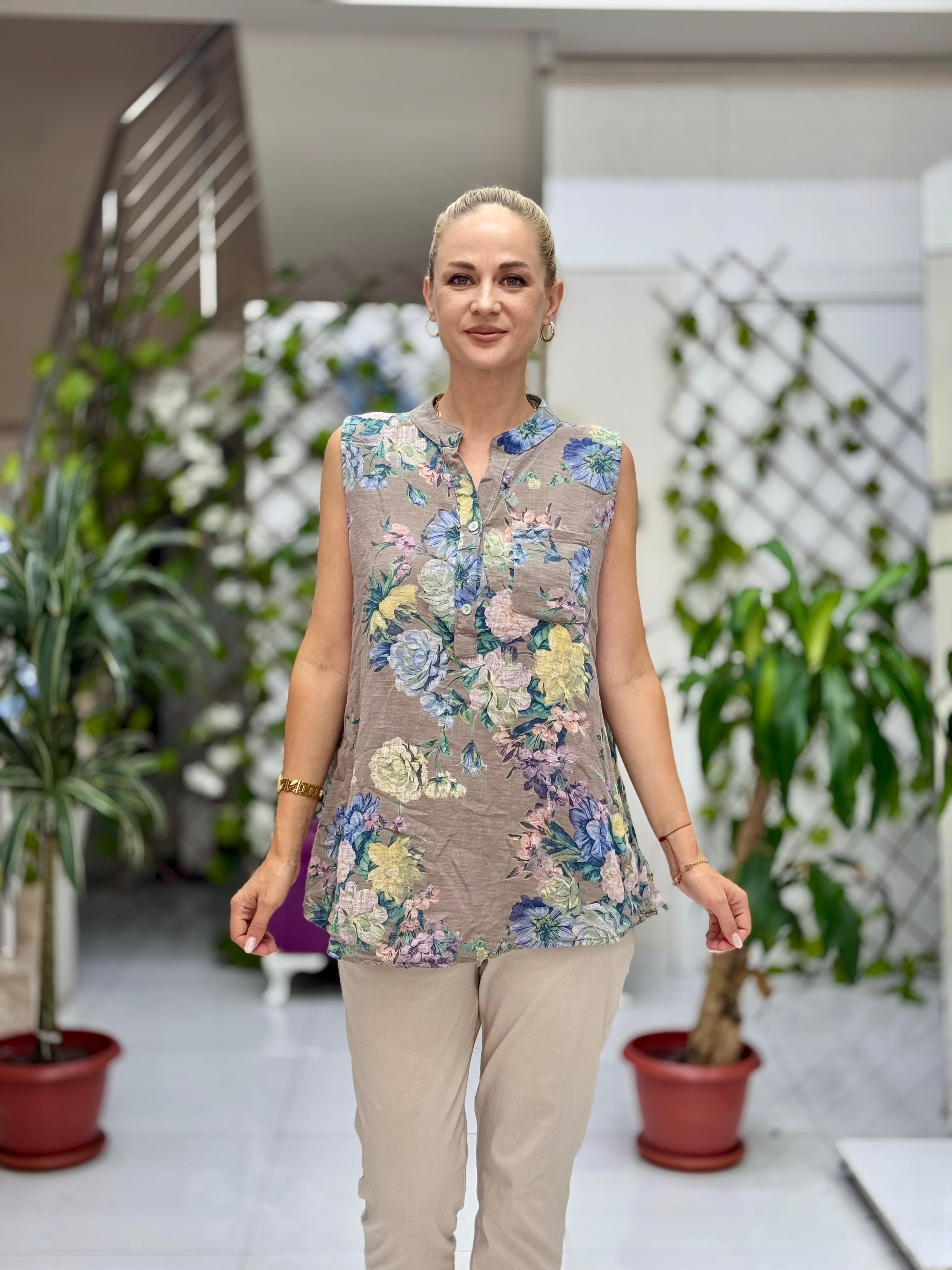 LS8819D Kolsuz Pamukketen Cepli İtalyan Bluz Vizon