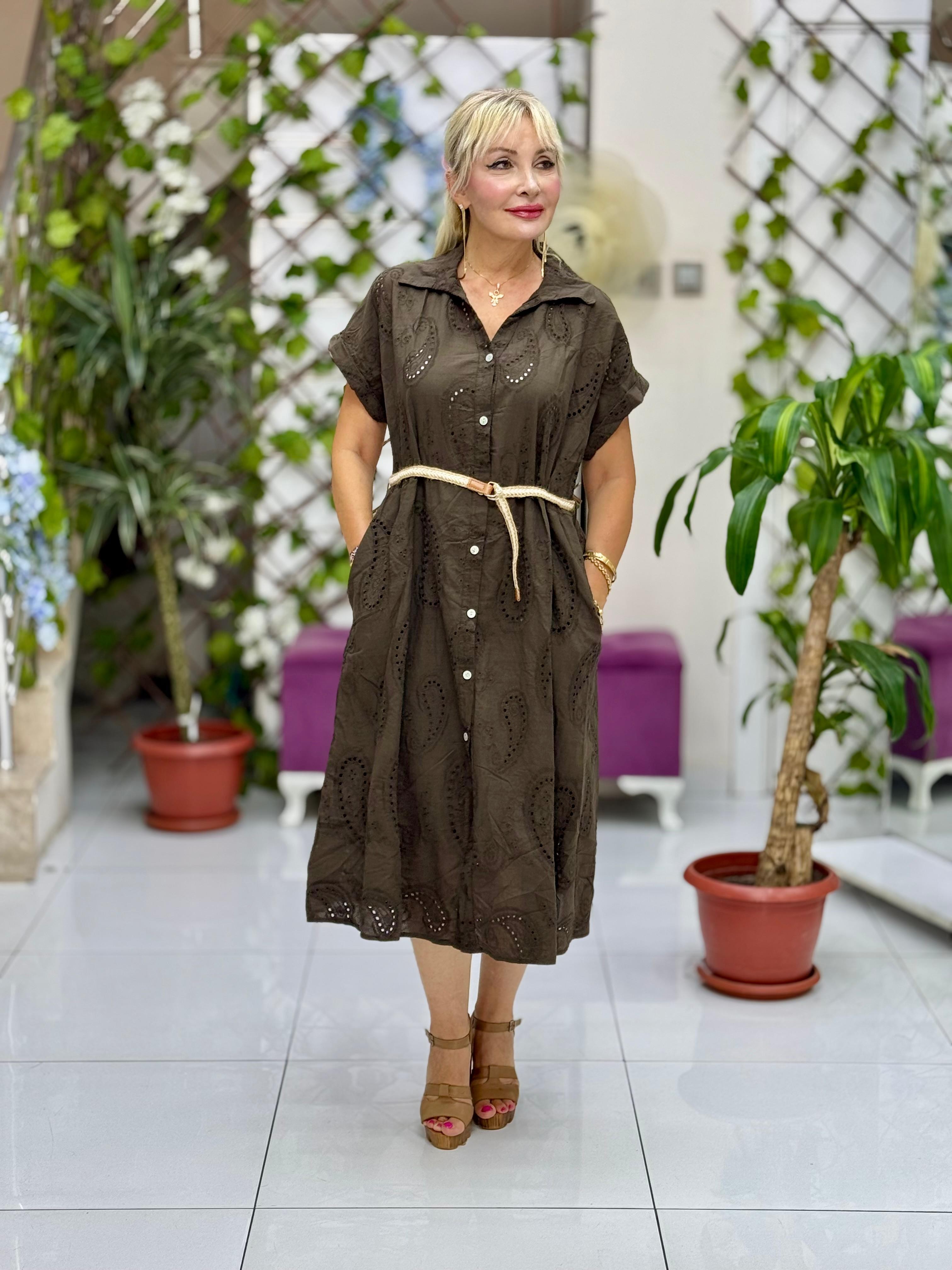 NC25063 Mini Kol Fistolu Kemerli İtalyan Coton Elbise Kahve