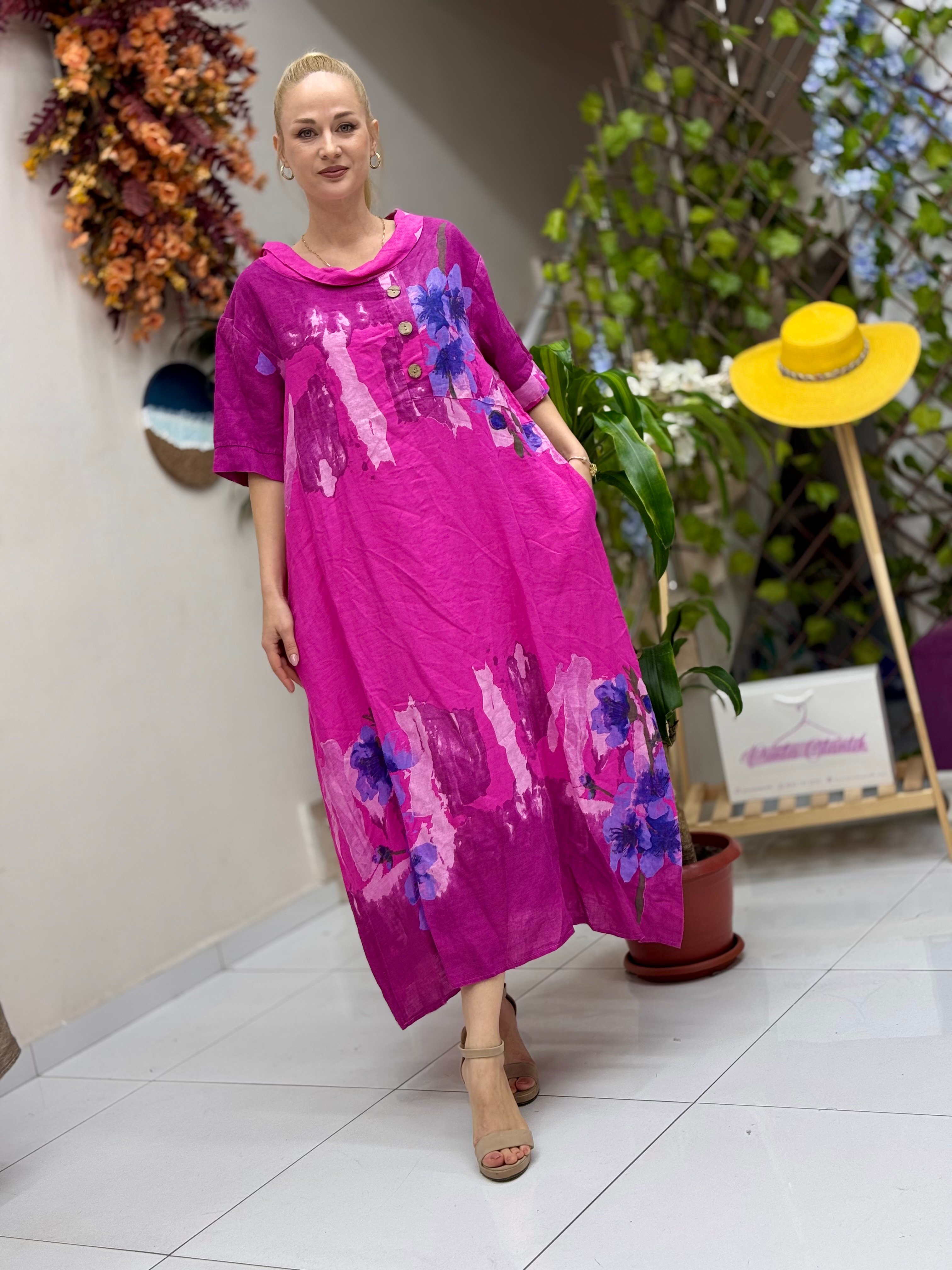 N2668 Vestido Italiano De Lino Sin Mangas Azul