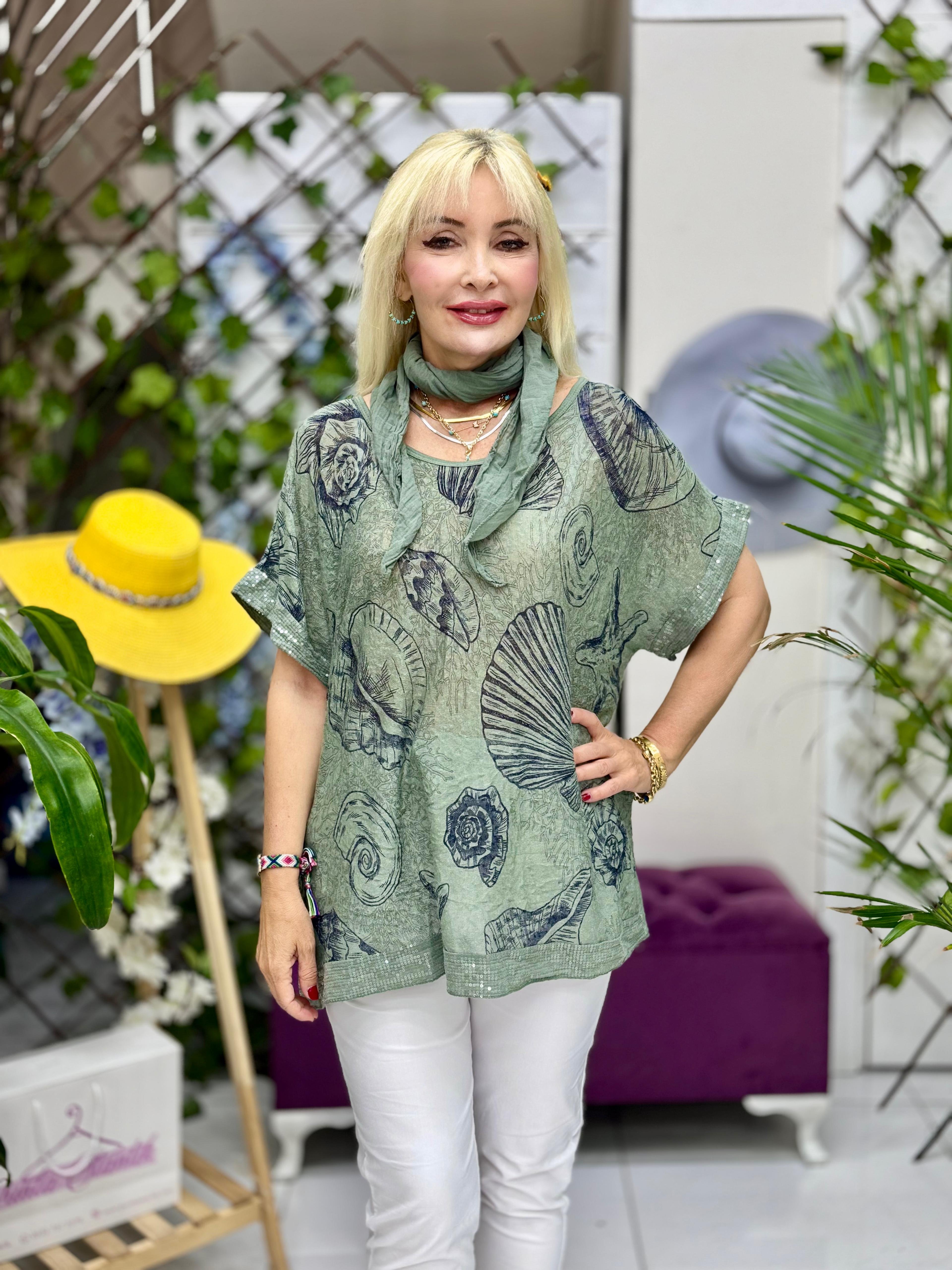 NC82560 İtalyan Fularlı Coton Bluz Haki