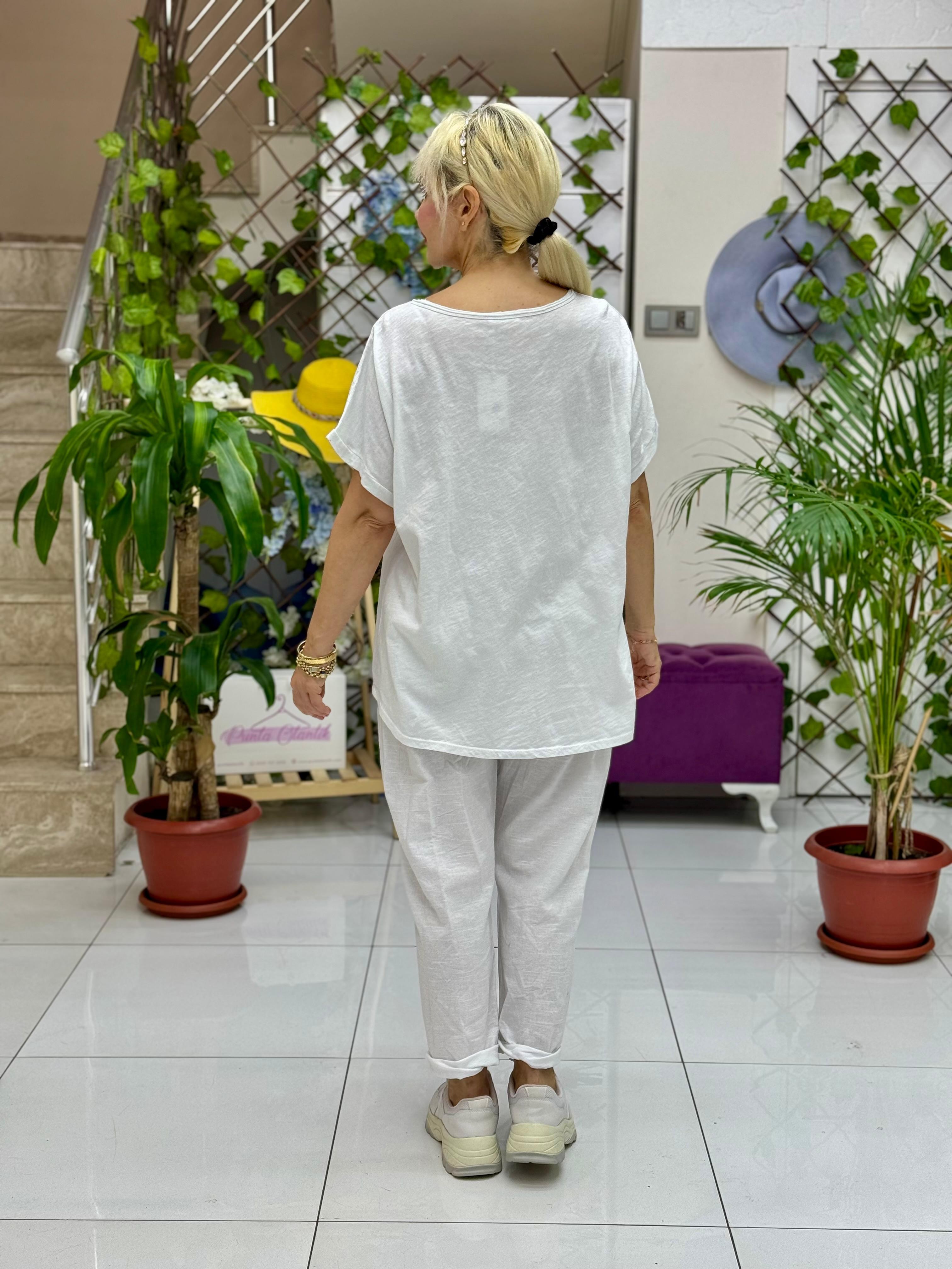 NC21763 İtalyan Taşlı Keten Takım Beyaz