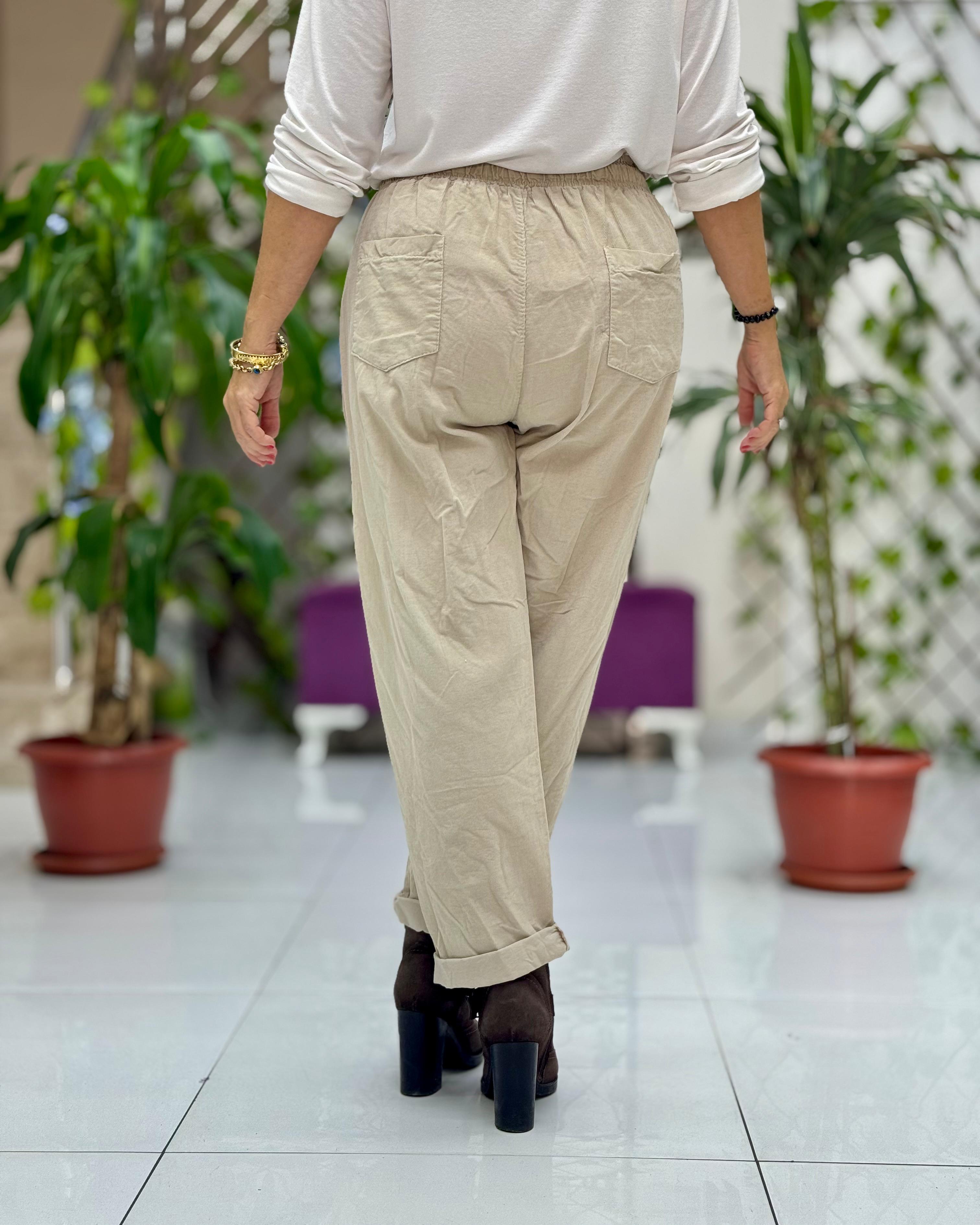 YG3005 Beli Bağcıklı İtalyan Kadife Pantolon Krem