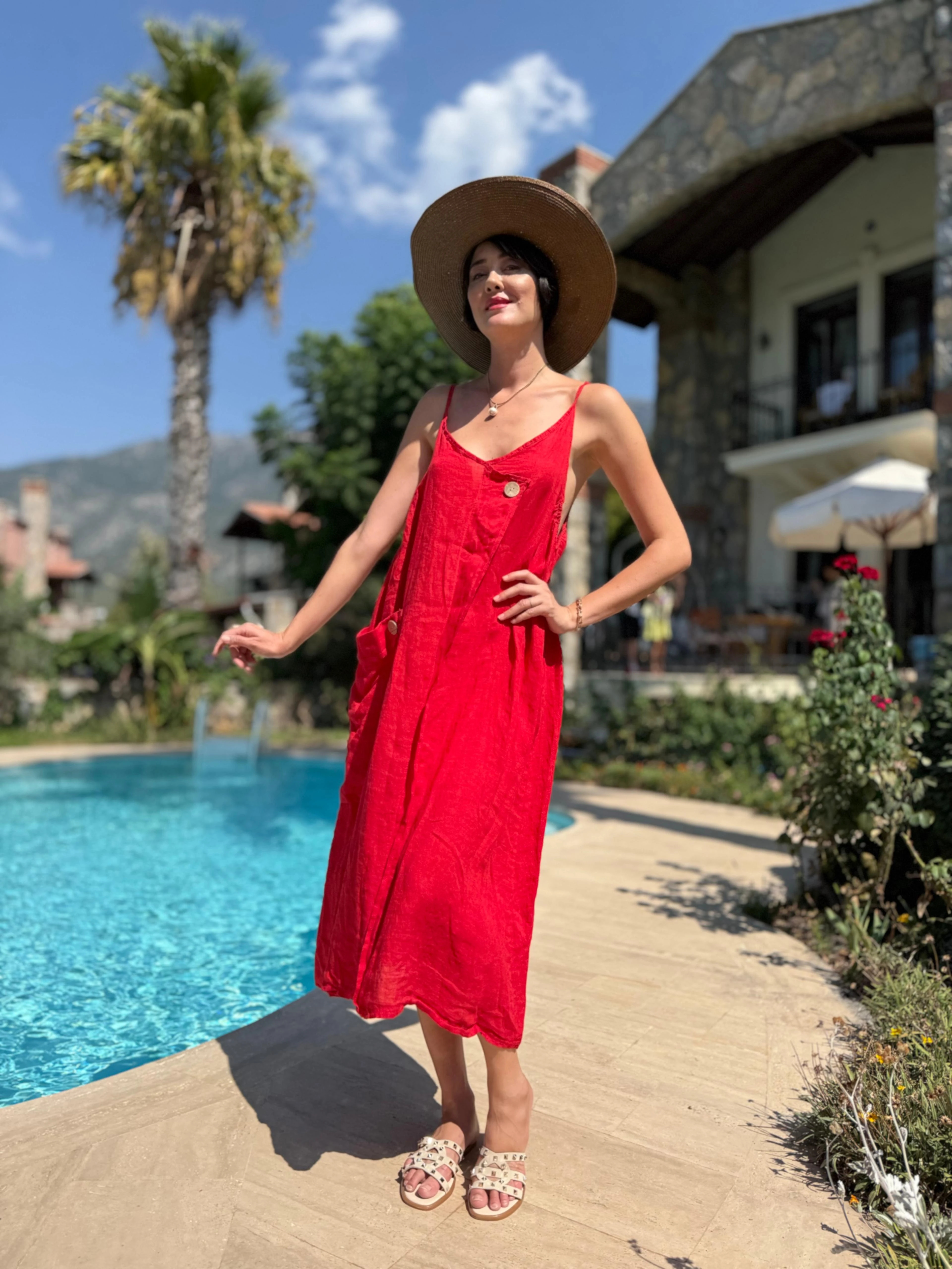 YG205040 İtalyan Keten Elbise Kırmızı