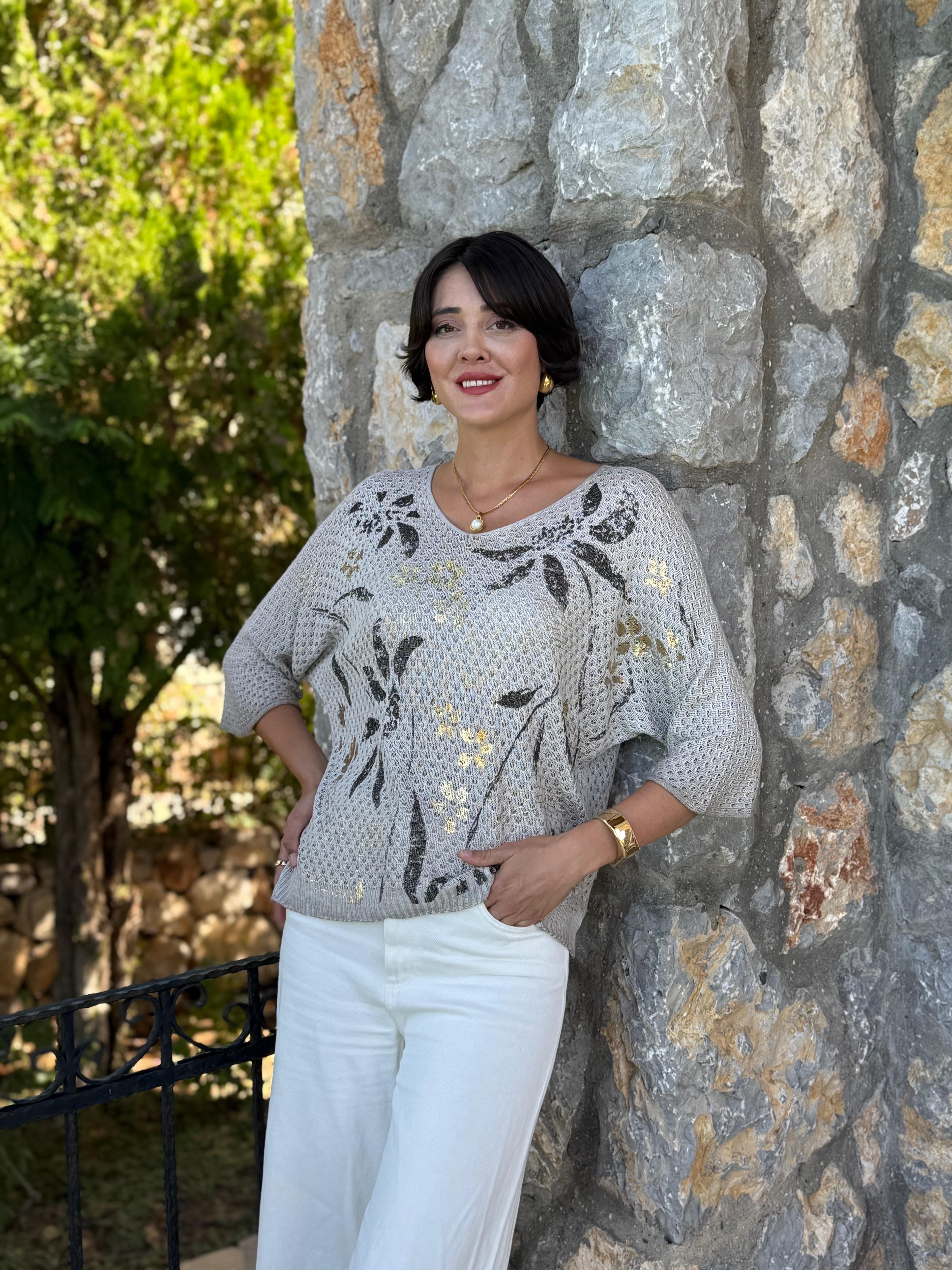 FXLS7514 İtalyan Yaprak Desen Triko Bluz Krem