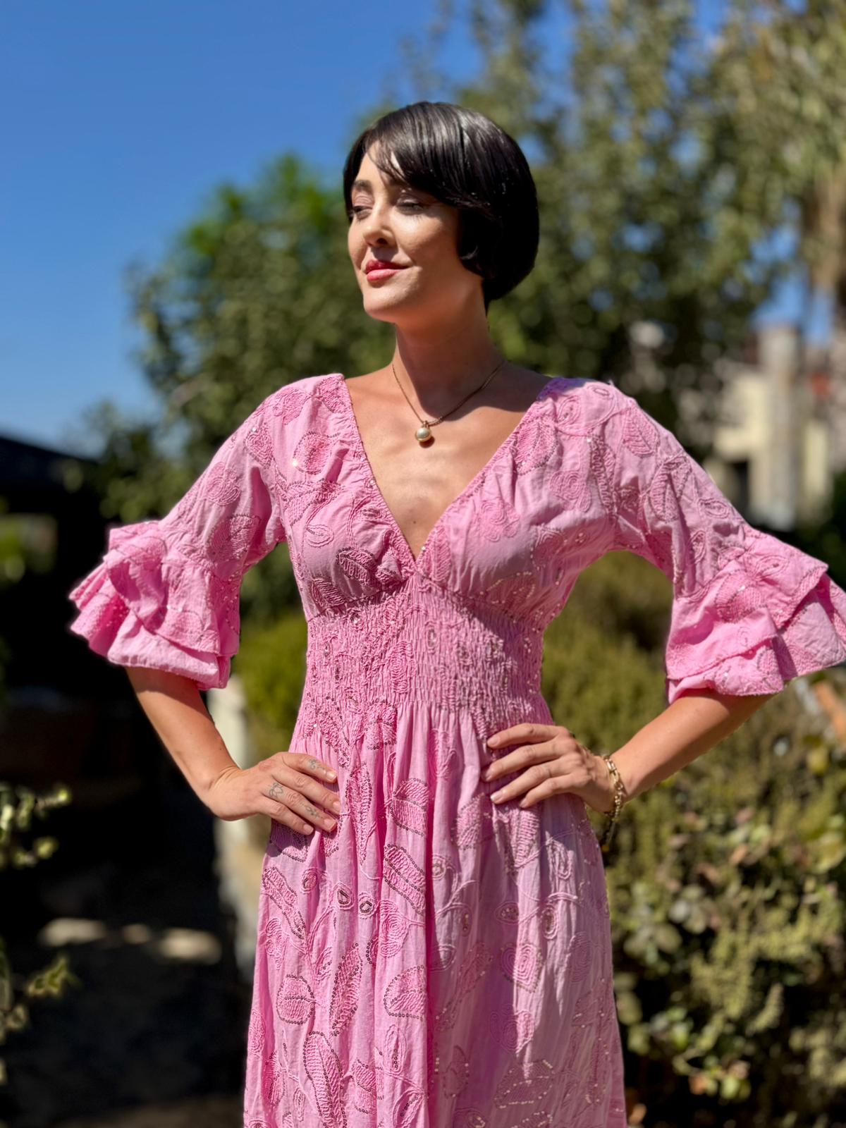 NC10995 İtalyan Pul Payetli Beli Lastikli Coton Elbise Pembe