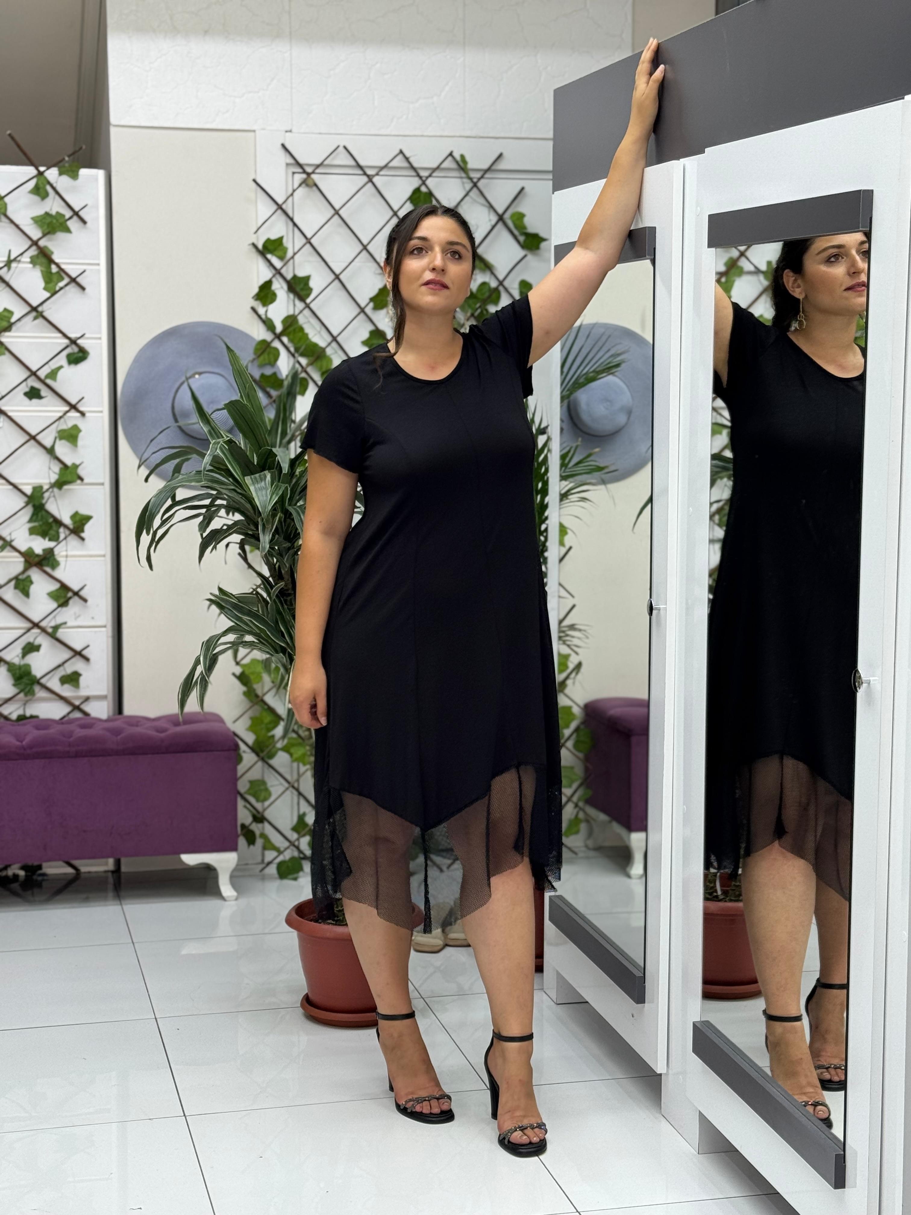 TS1005 Etek Ucu Fileli Turlu Viskon Elbise Siyah