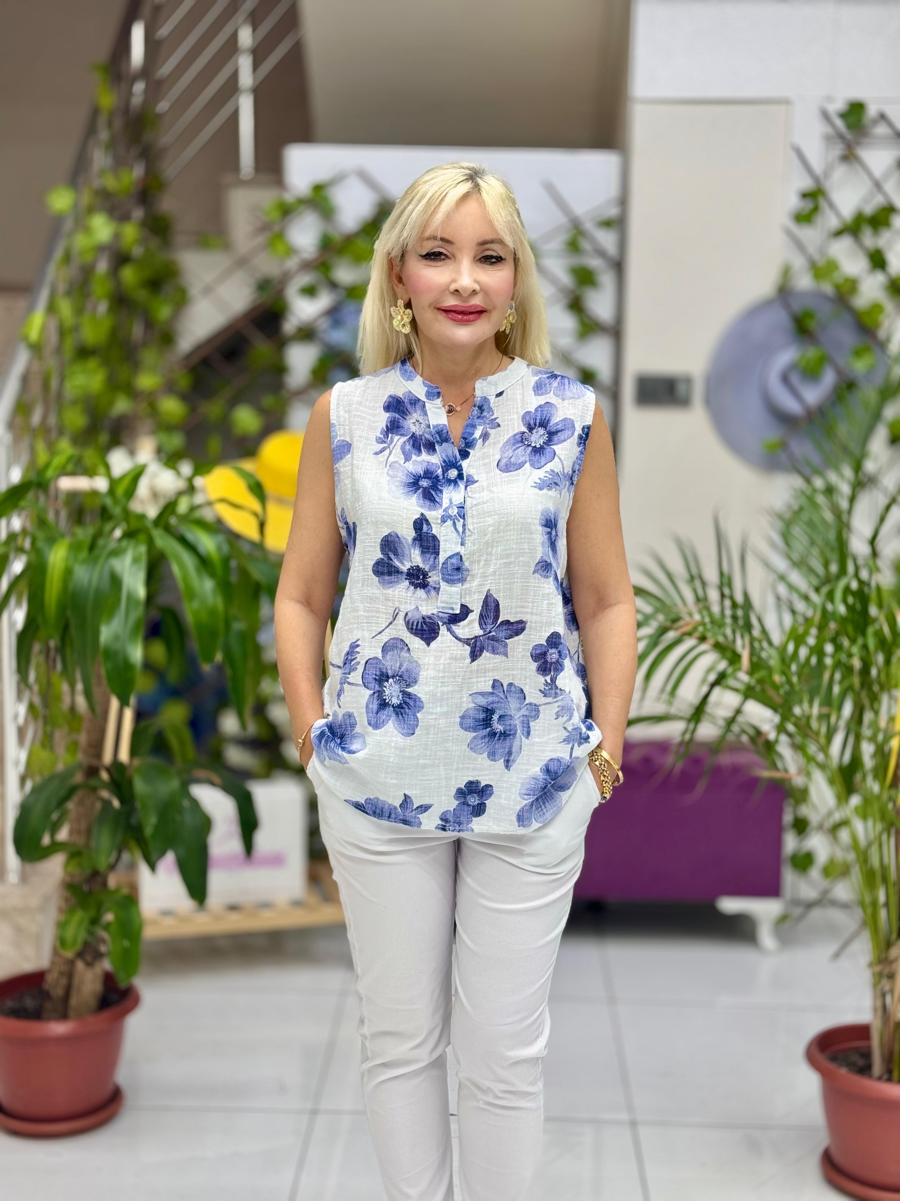 NC8240 İtalyan Kolsuz Pamukketen Bluz Beyaz