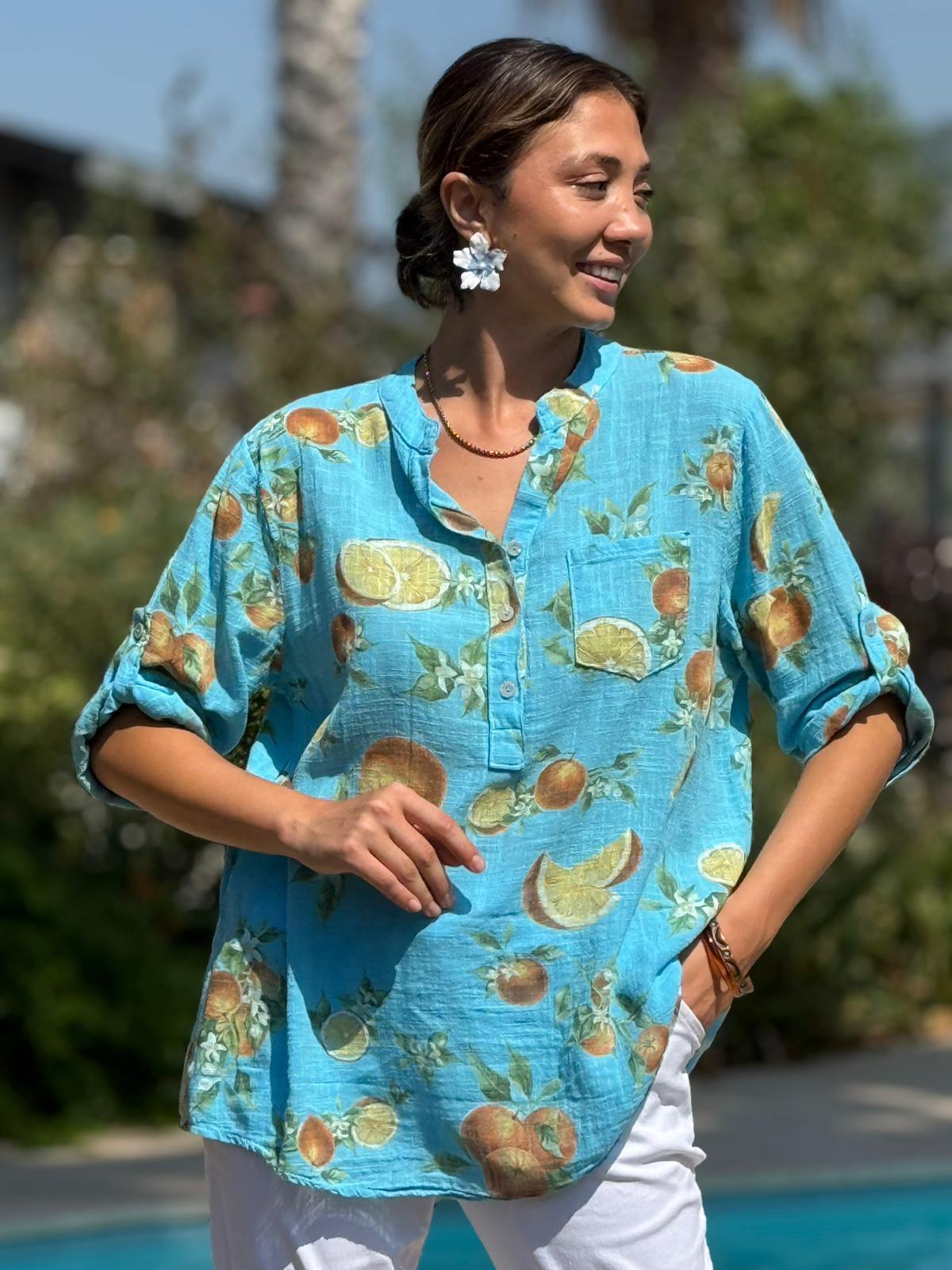 NC154553 İtalyan Pamuk Keten Bluz Turkuaz