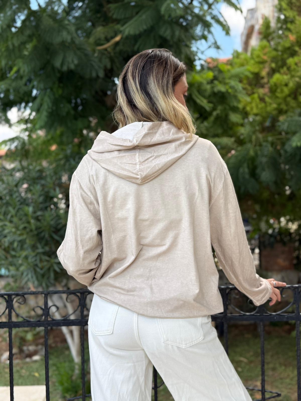 NC59085 İtalyan Yazı Baskılı Kol Zımbalı Kapişonlu Sweatshirt Krem