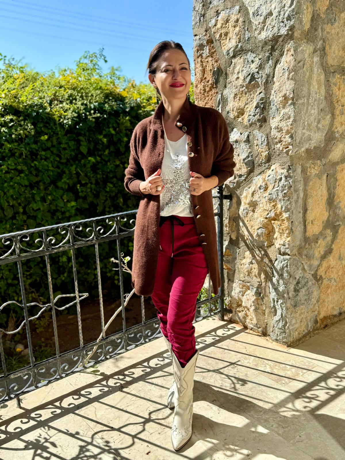 NC4079 Boydan Düğmeli Yün Kısa Hırka Kahverengi