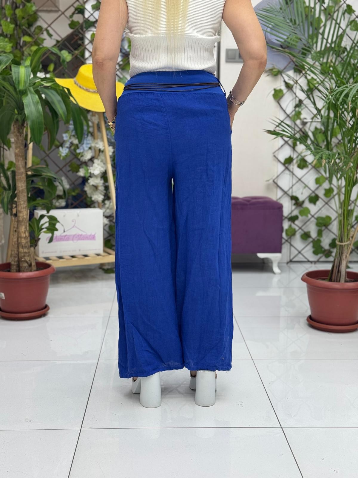 NC1136 İtalyan İtalyan Kemerli Keten Pantolon Saks